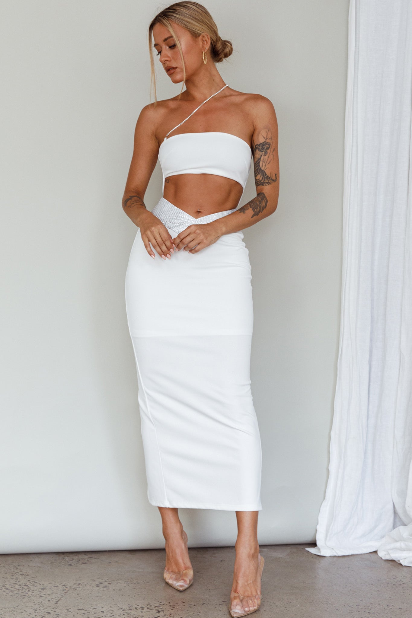 Megyn Diamante Midi Dress White by Selfie Leslie