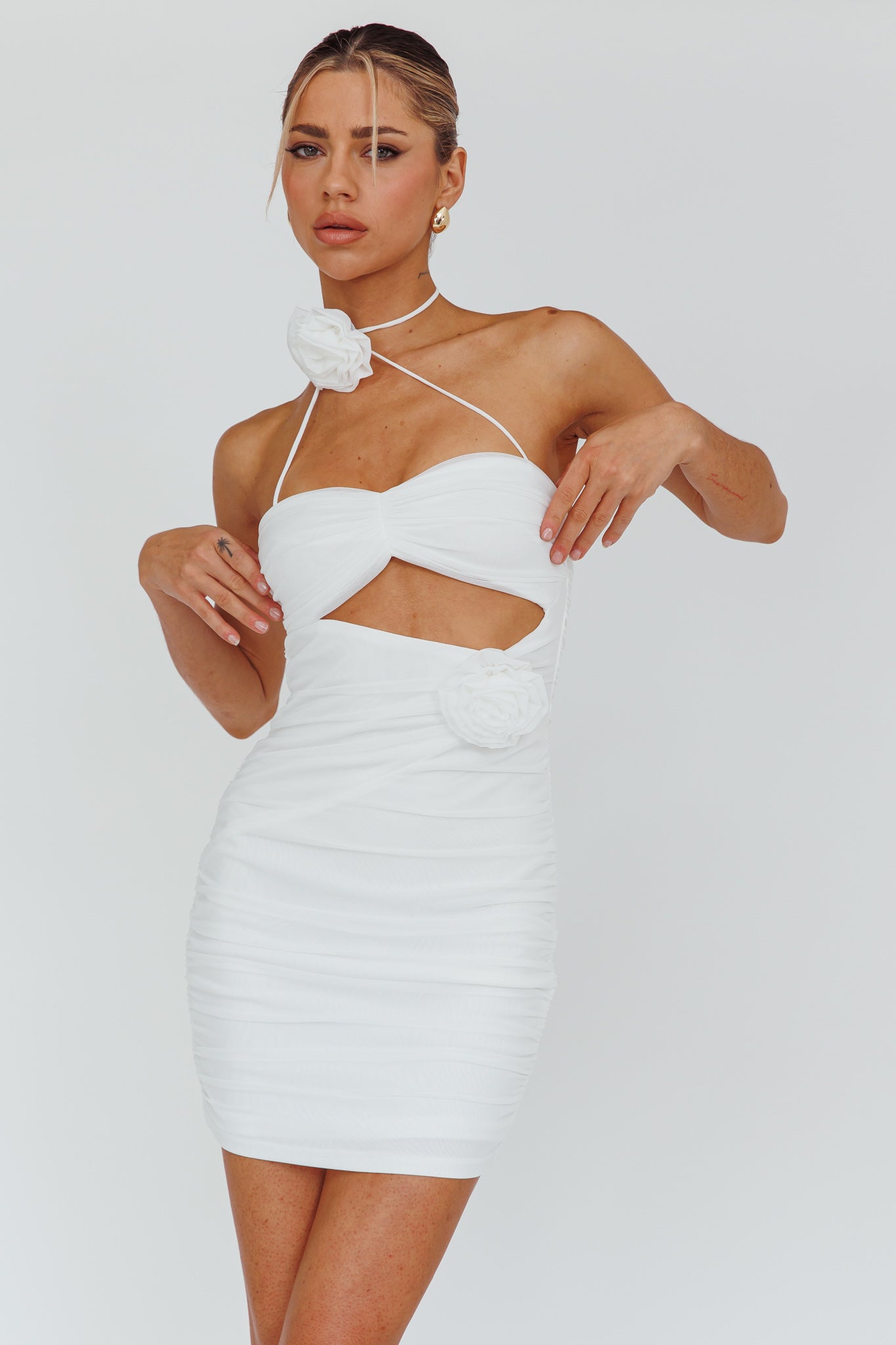 Calia Rose Accent Ruched Mini Dress White by Selfie Leslie