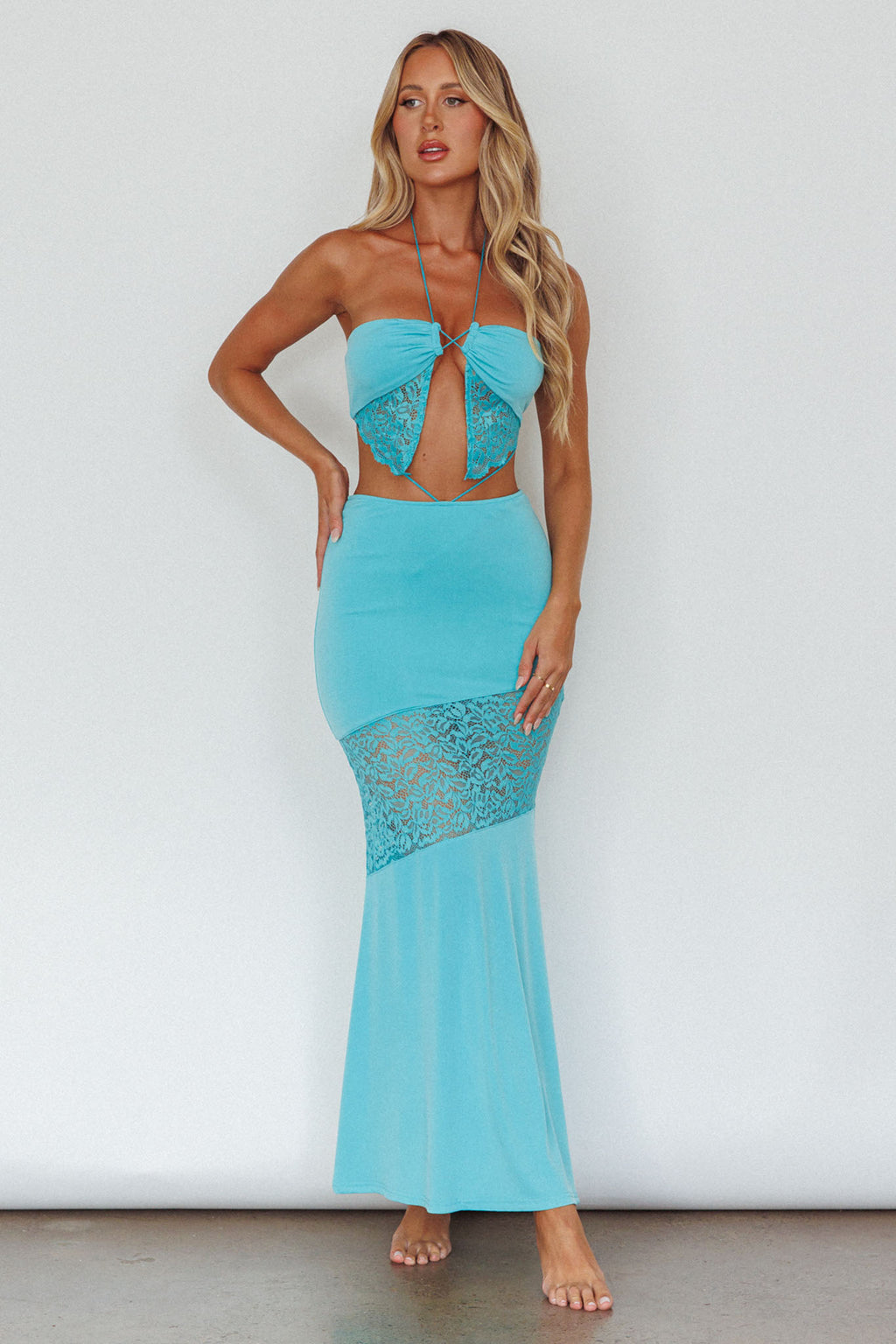 Florida Lace Insert Cut-Out Maxi Dress Blue by Selfie Leslie