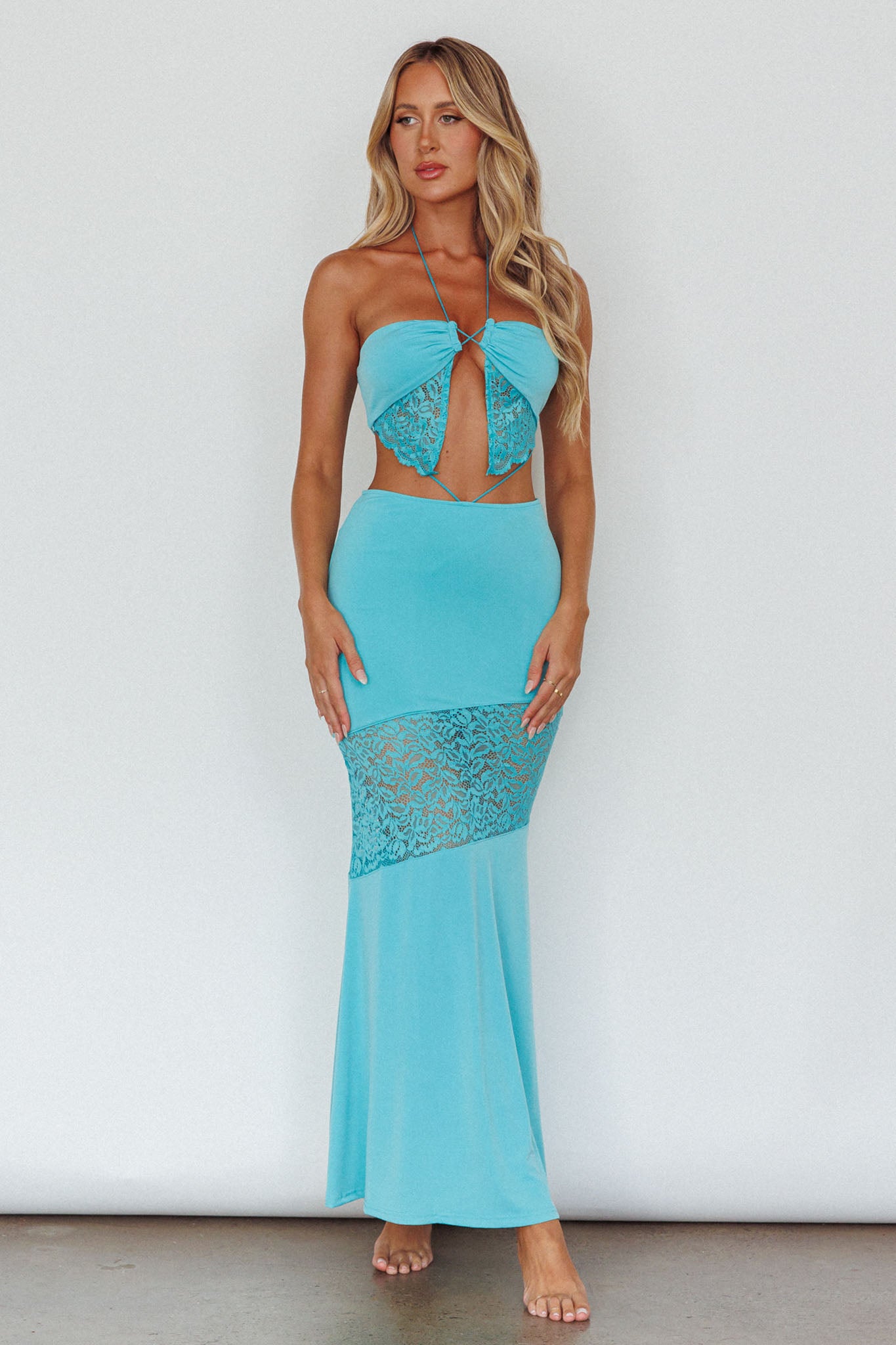 Florida Lace Insert Cut-Out Maxi Dress Blue by Selfie Leslie