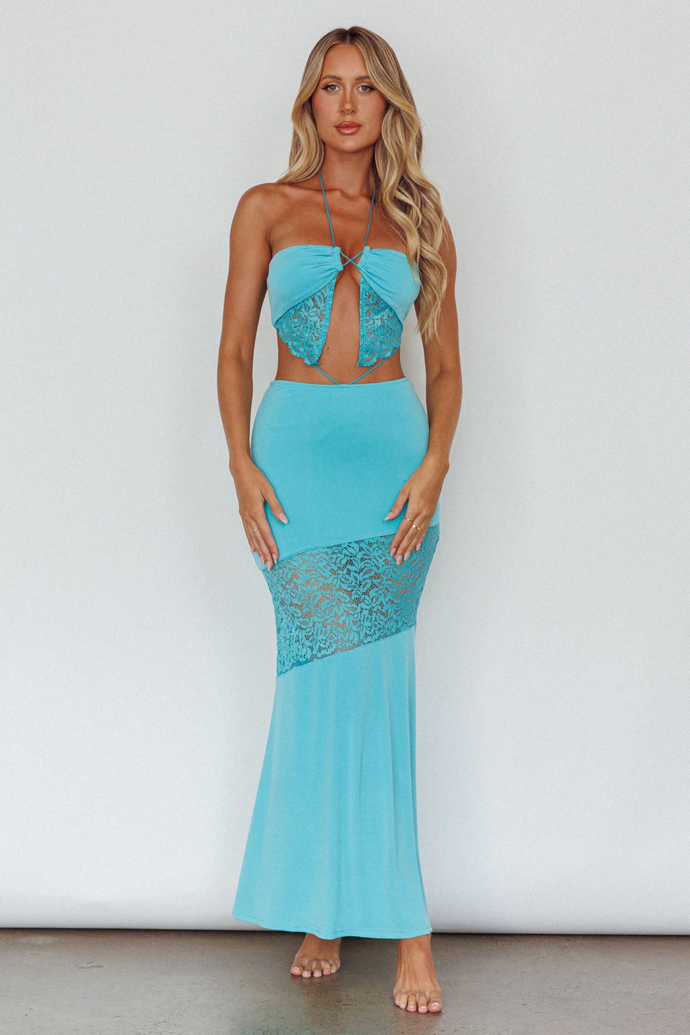 Florida Lace Insert Cut-Out Maxi Dress Blue by Selfie Leslie