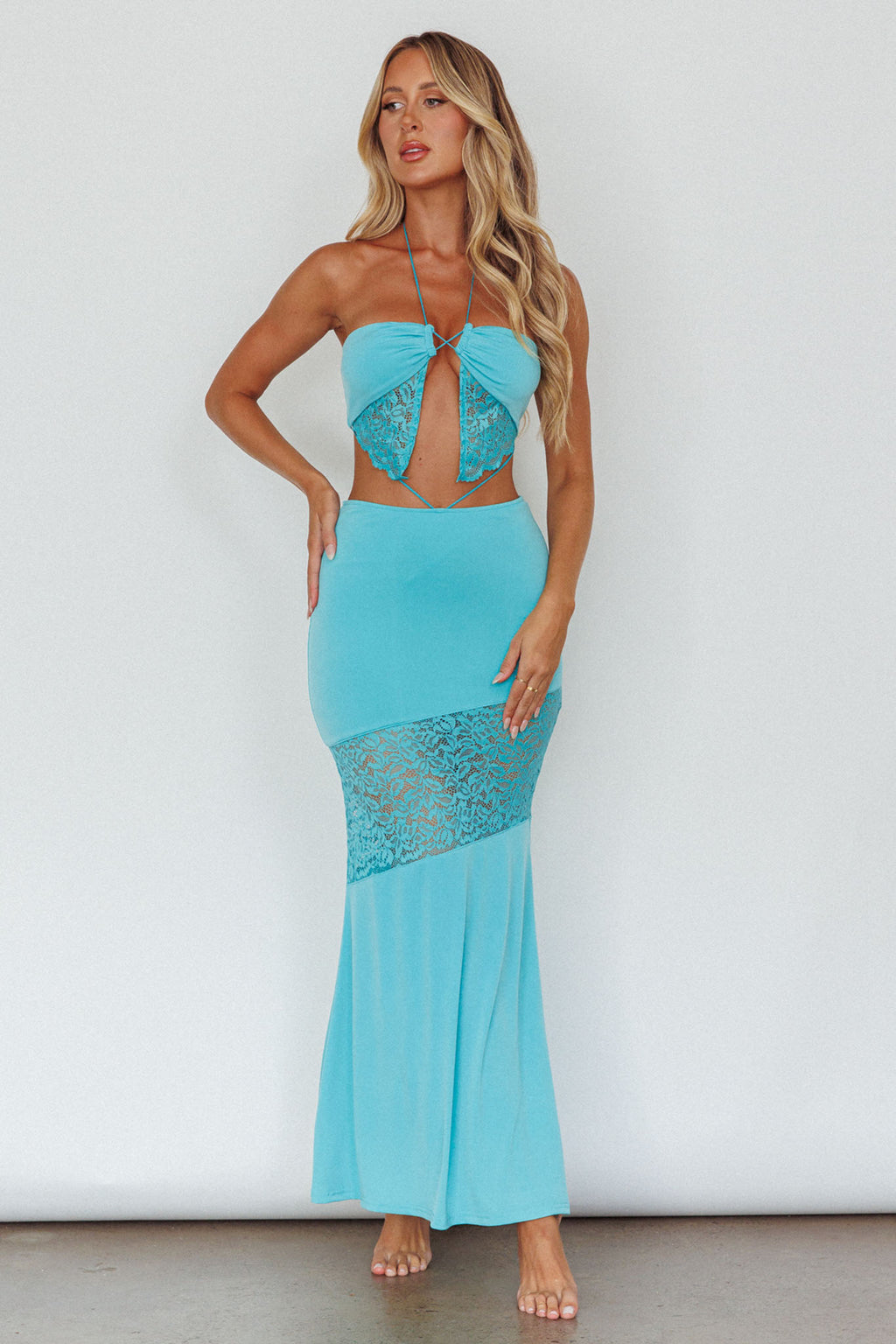 Florida Lace Insert Cut-Out Maxi Dress Blue by Selfie Leslie