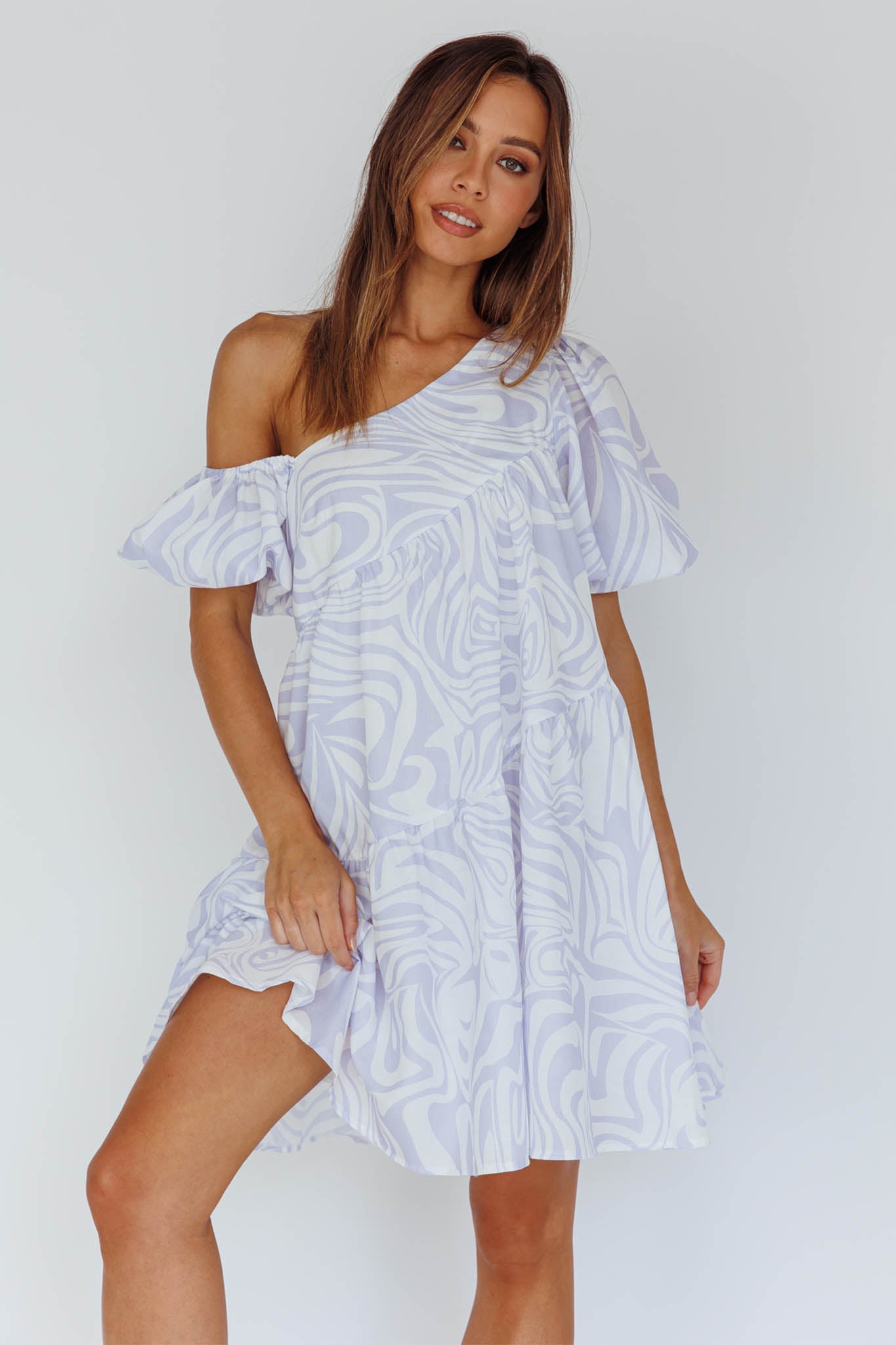 Villa Puff Sleeve One-Shoulder Dress Blue by Selfie Leslie