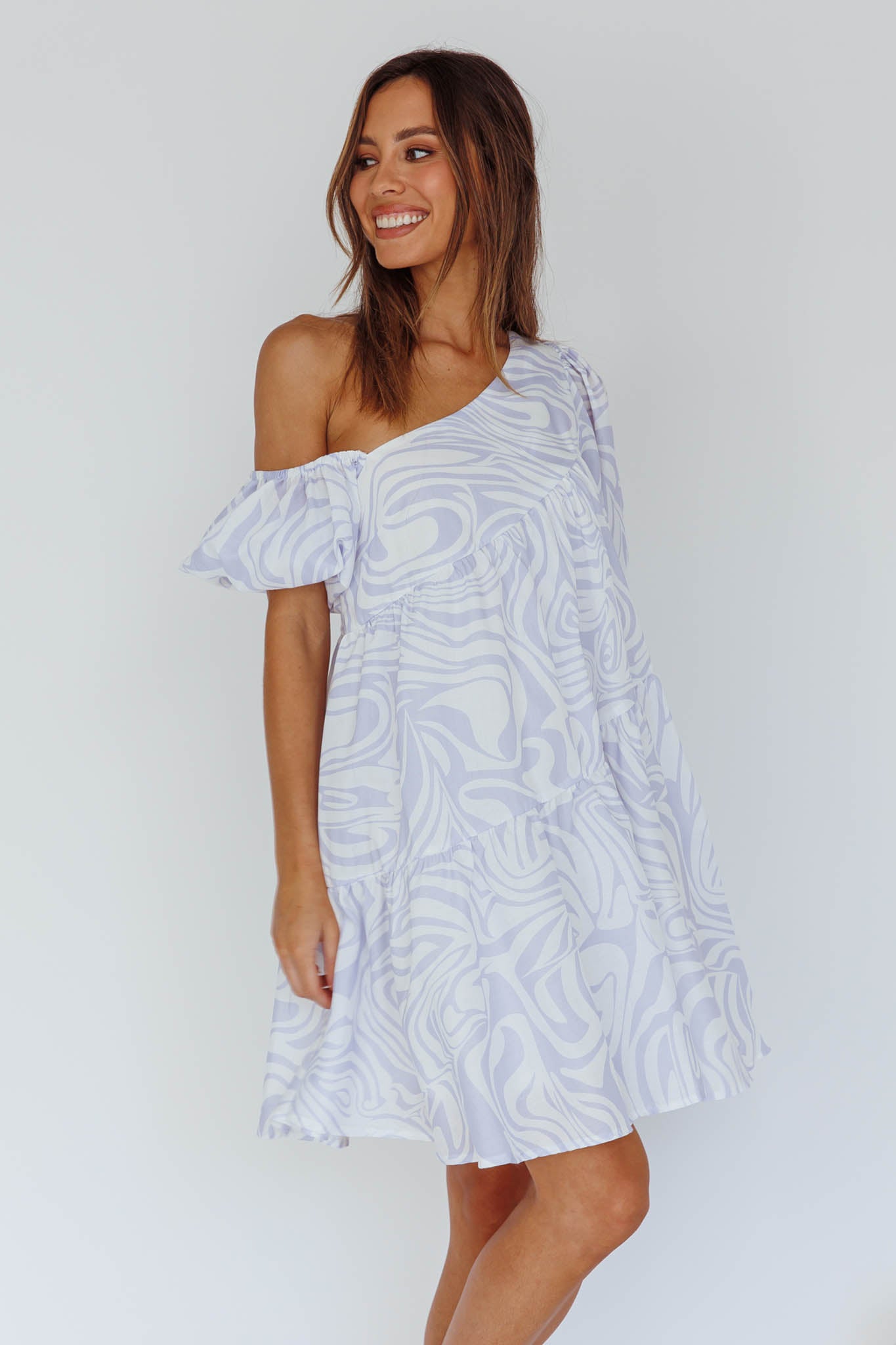 Villa Puff Sleeve One-Shoulder Dress Blue by Selfie Leslie