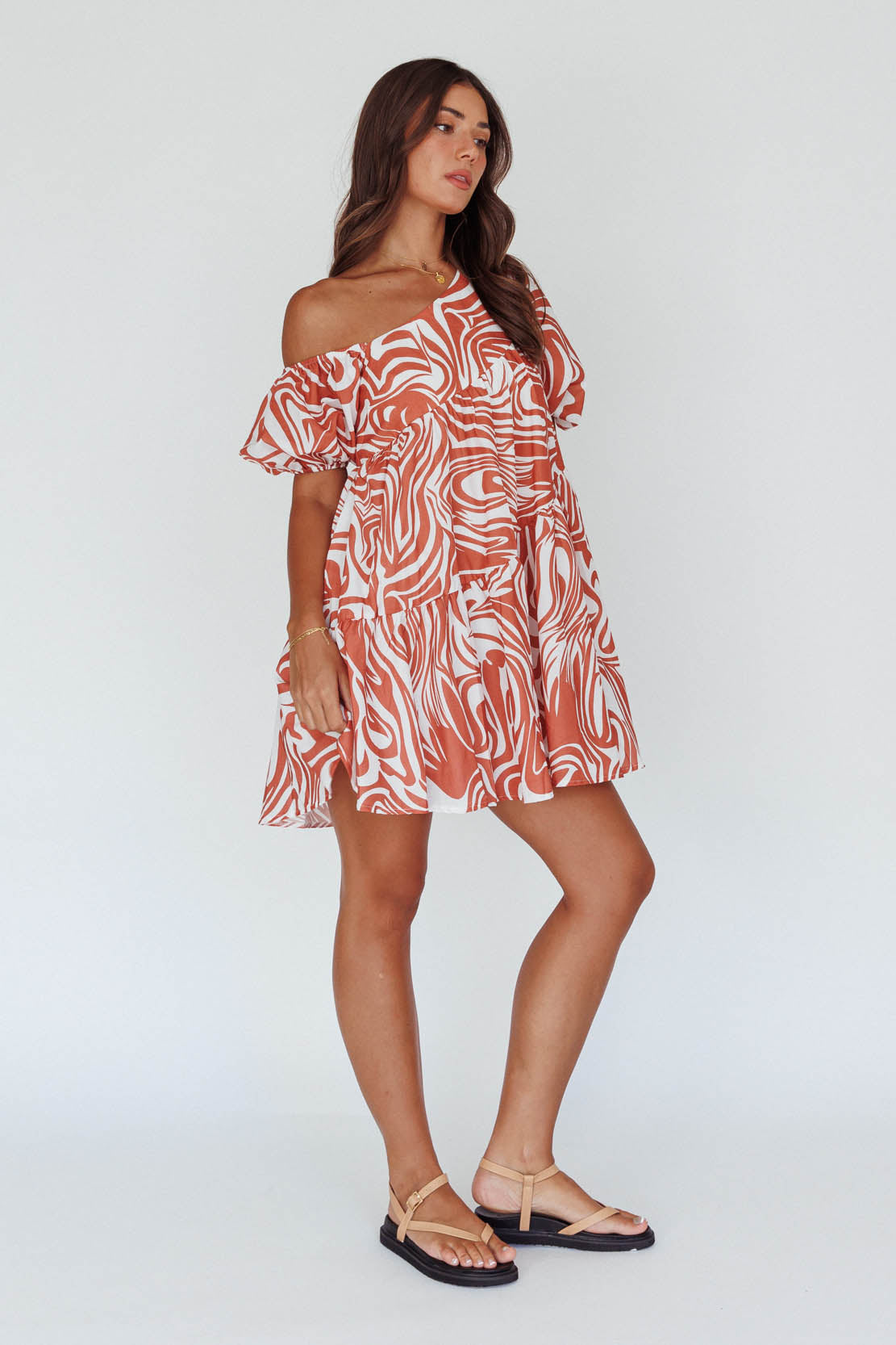 Villa Puff Sleeve One-Shoulder Dress Terracotta by Selfie Leslie