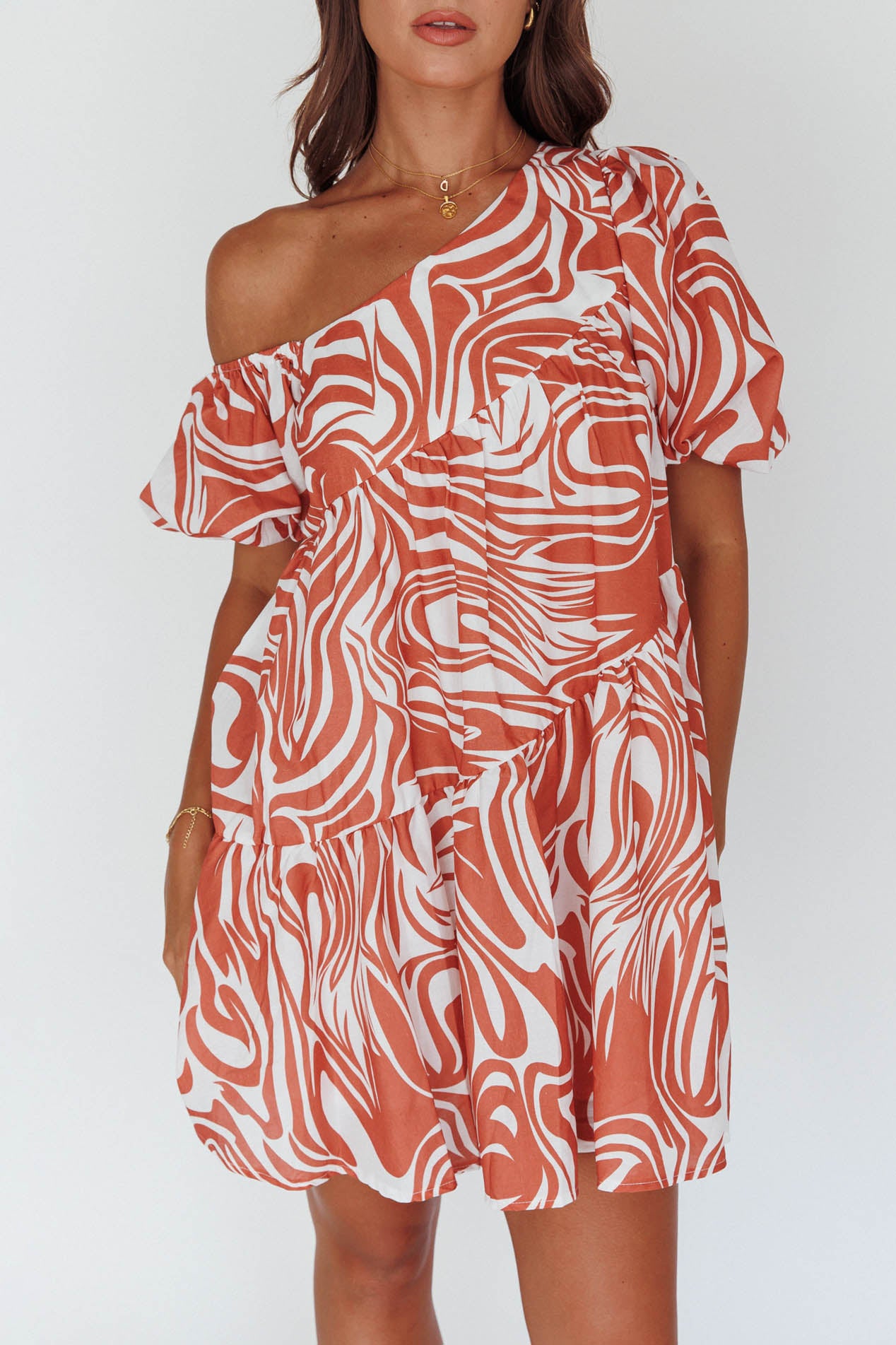 Villa Puff Sleeve One-Shoulder Dress Terracotta by Selfie Leslie
