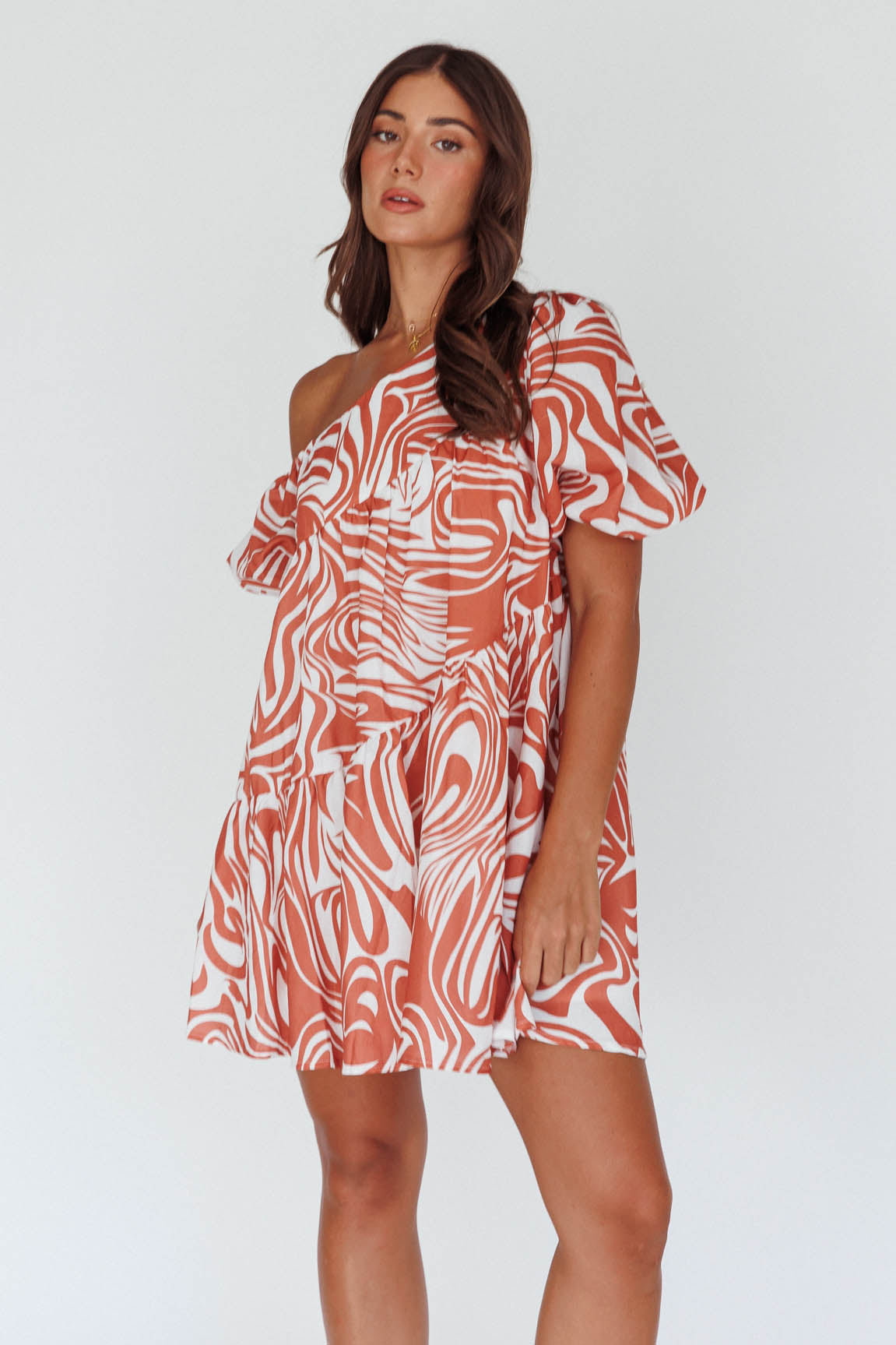 Villa Puff Sleeve One-Shoulder Dress Terracotta by Selfie Leslie