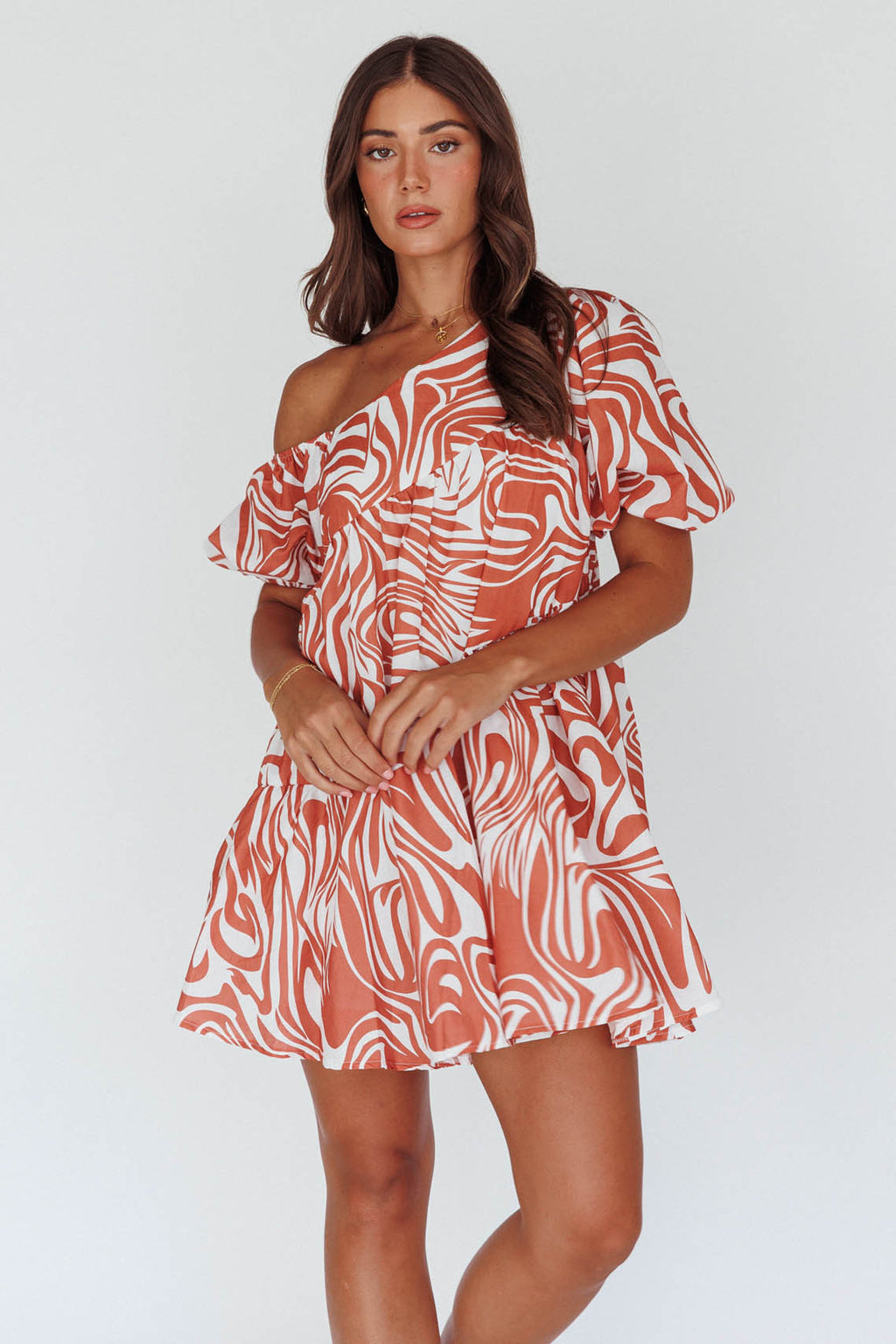 Villa Puff Sleeve One-Shoulder Dress Terracotta by Selfie Leslie