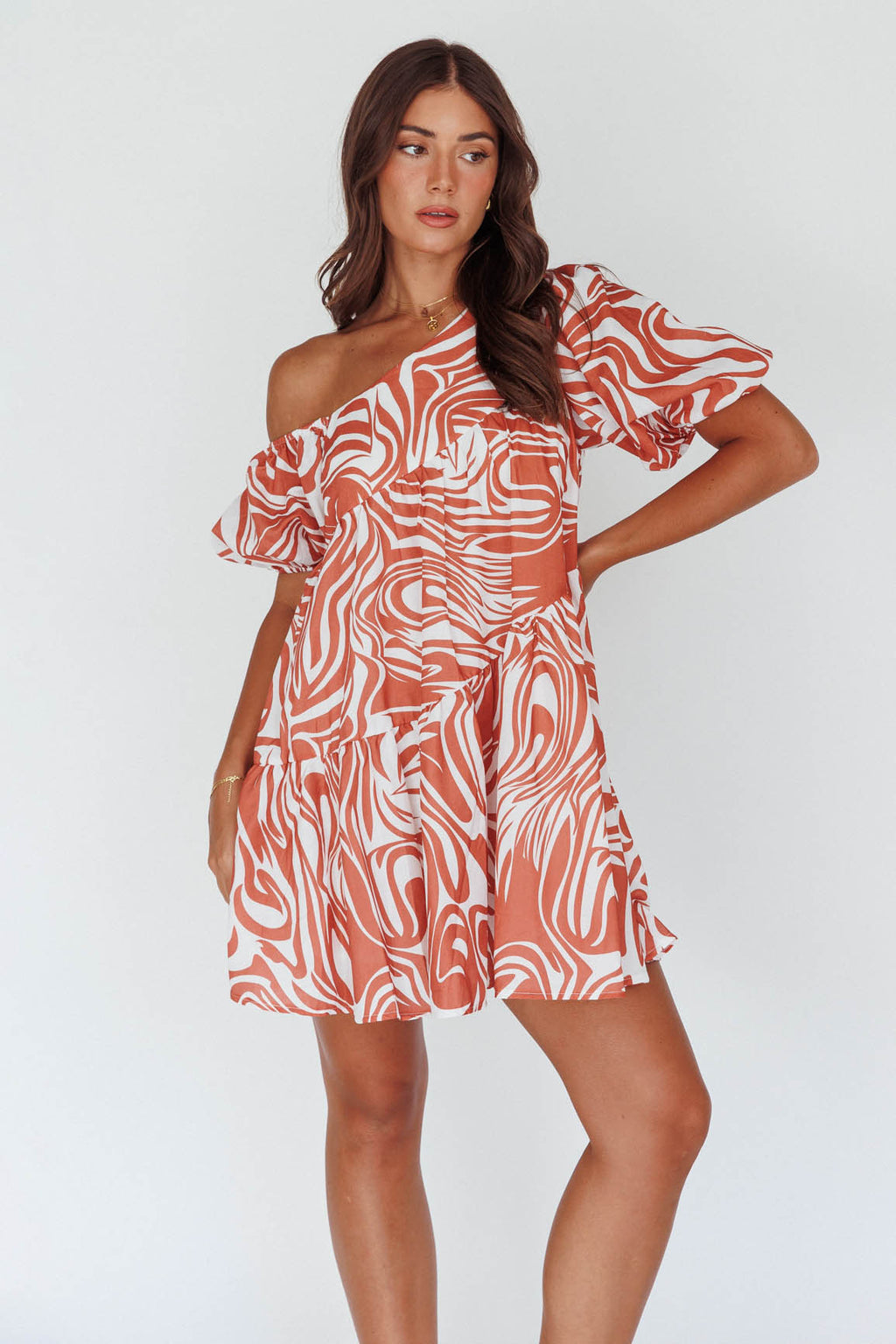 Villa Puff Sleeve One-Shoulder Dress Terracotta by Selfie Leslie