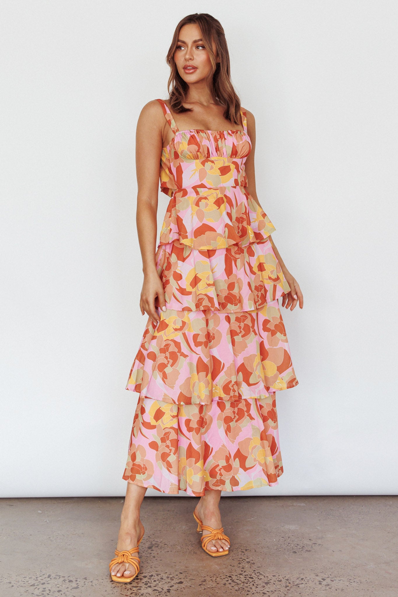 Provence Bloom Tiered Midi Dress Abstract Pink Multi by Selfie Leslie