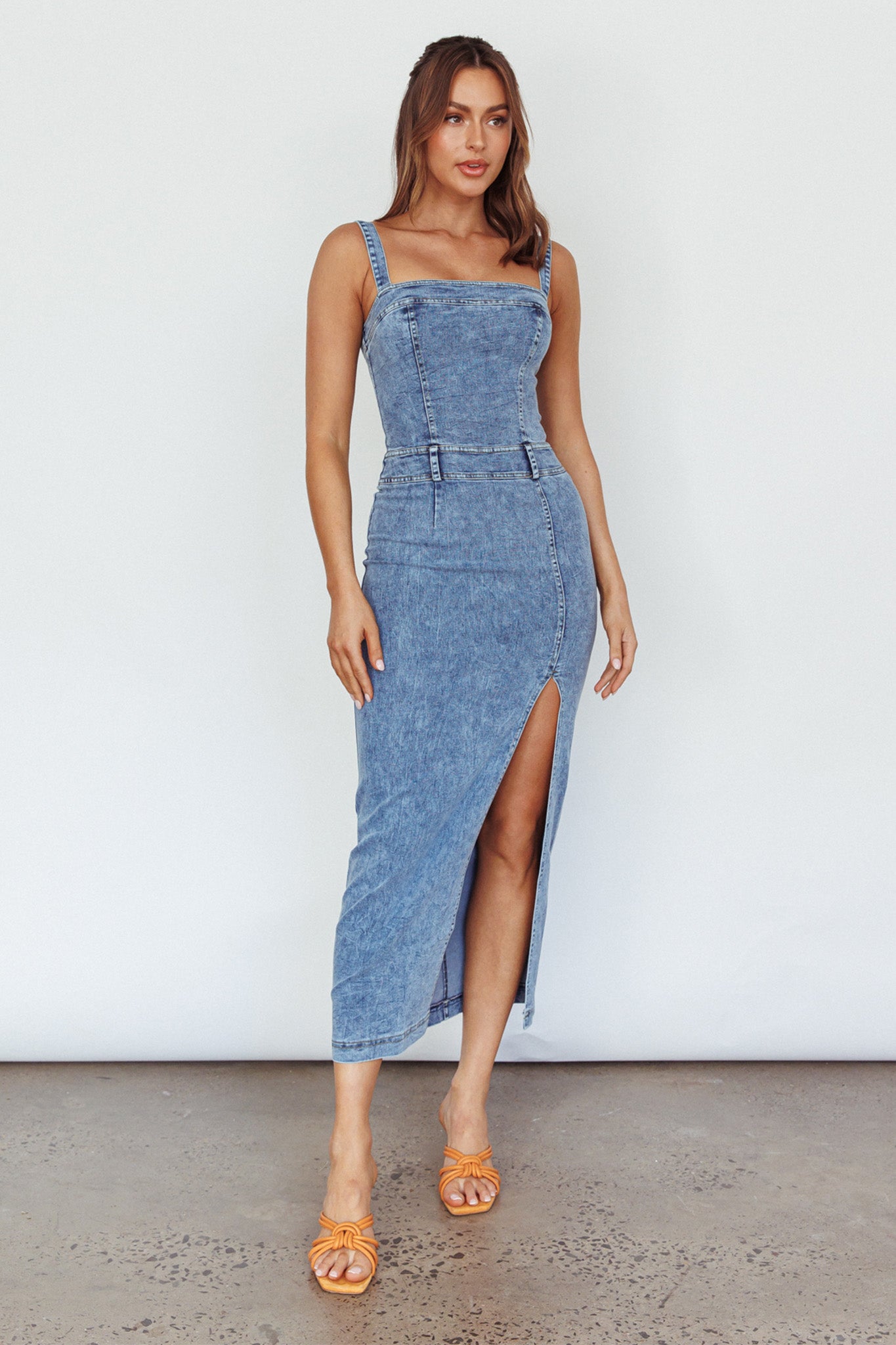 Onyx Thigh Split Midi Dress Denim by Selfie Leslie