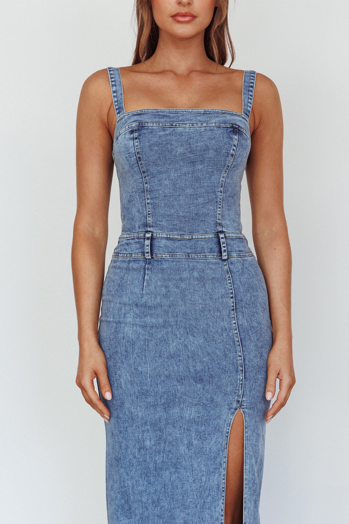 Onyx Thigh Split Midi Dress Denim by Selfie Leslie
