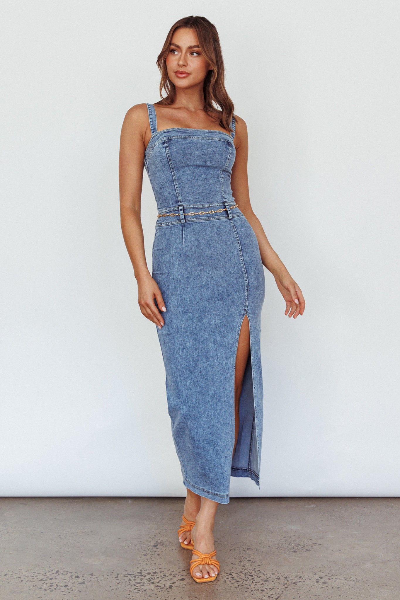 Onyx Thigh Split Midi Dress Denim Selfie Leslie Onyx Thigh Split Midi Dress Denim Selfie Leslie