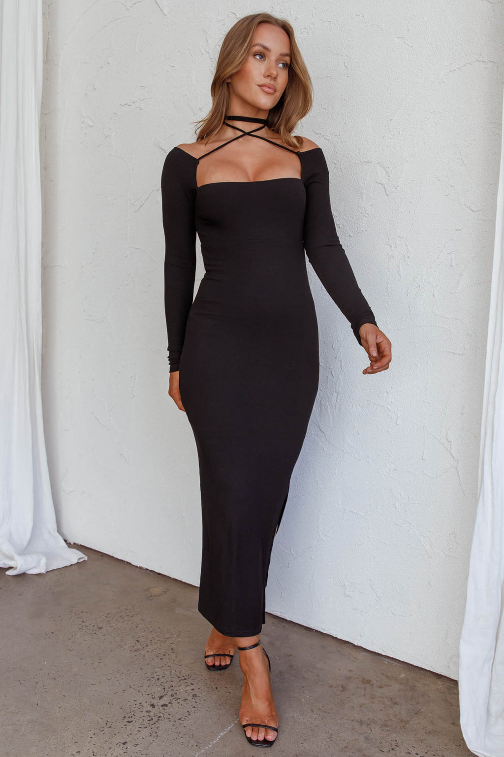 News Flash Long Sleeve Midi Dress Black by Selfie Leslie