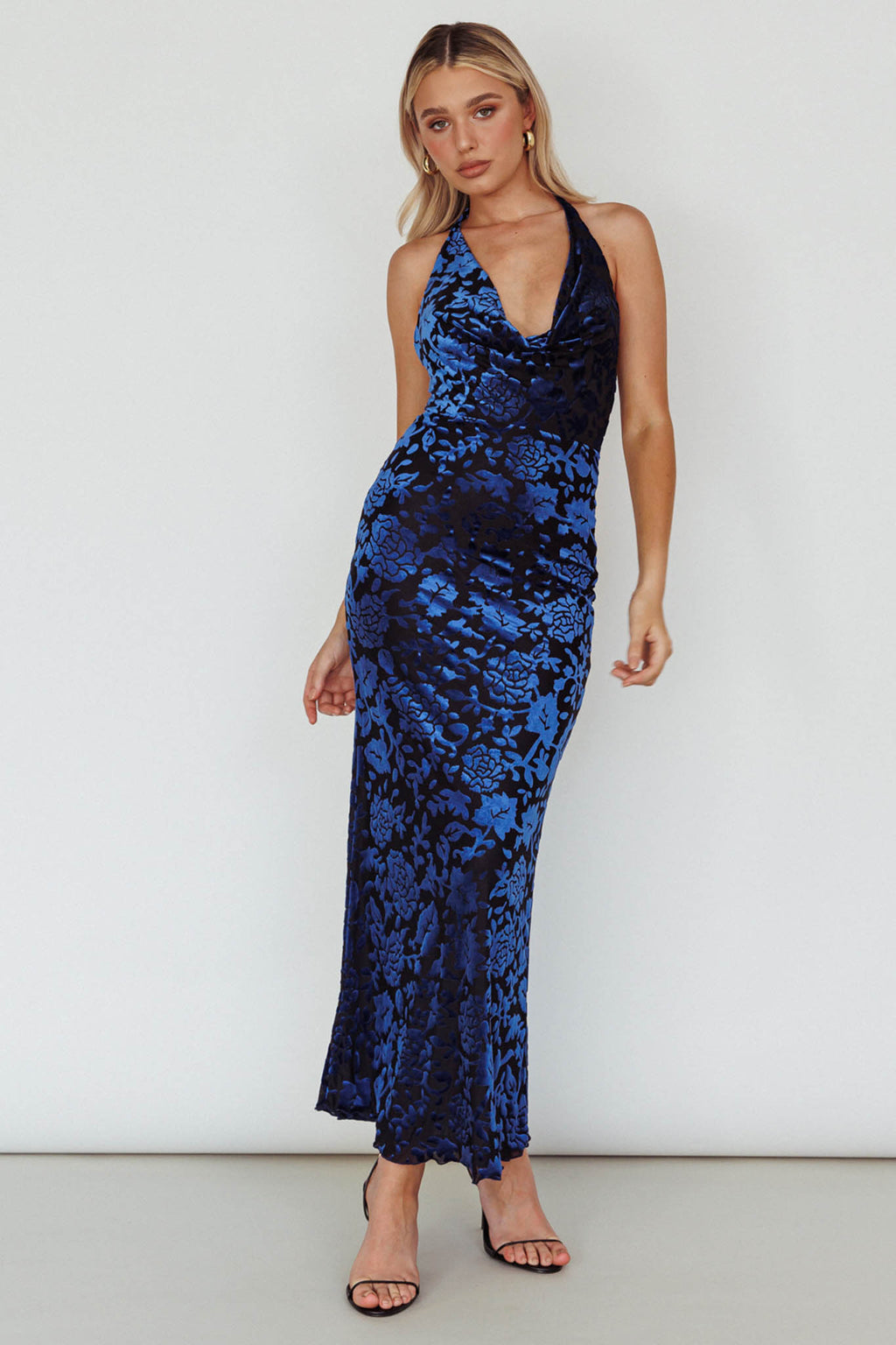 Byzantine Cowl Halterneck Midi Dress Floral Midnight Blue by Selfie Leslie