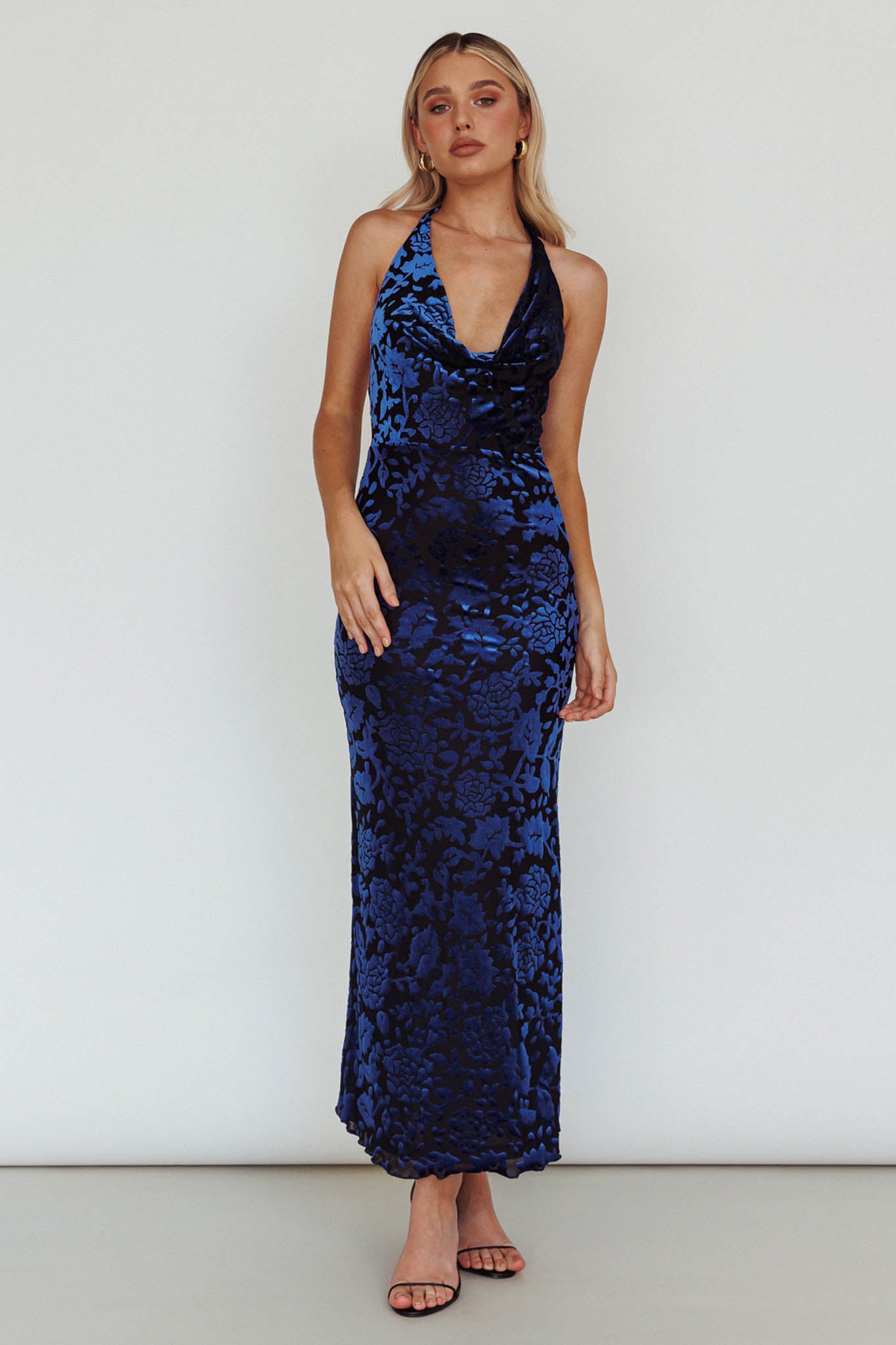 Byzantine Cowl Halterneck Midi Dress Floral Midnight Blue by Selfie Leslie