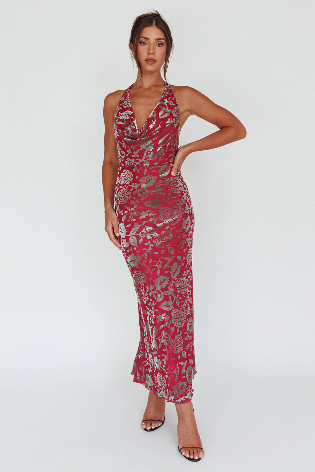 Byzantine Cowl Halterneck Midi Dress Floral Wine by Selfie Leslie