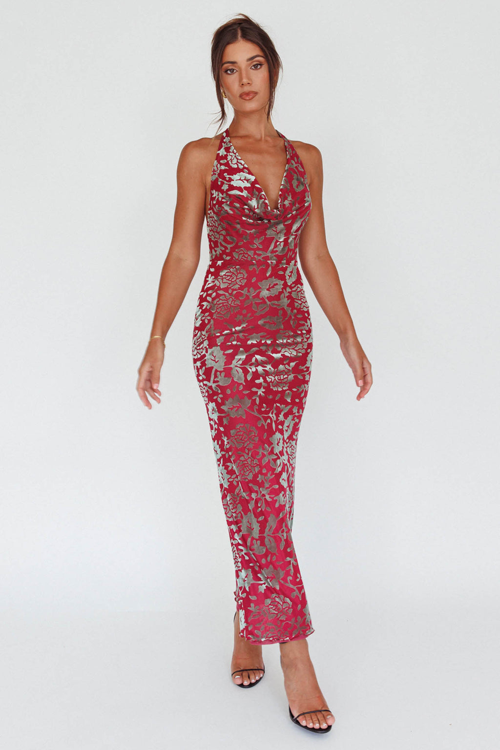 Byzantine Cowl Halterneck Midi Dress Floral Wine by Selfie Leslie
