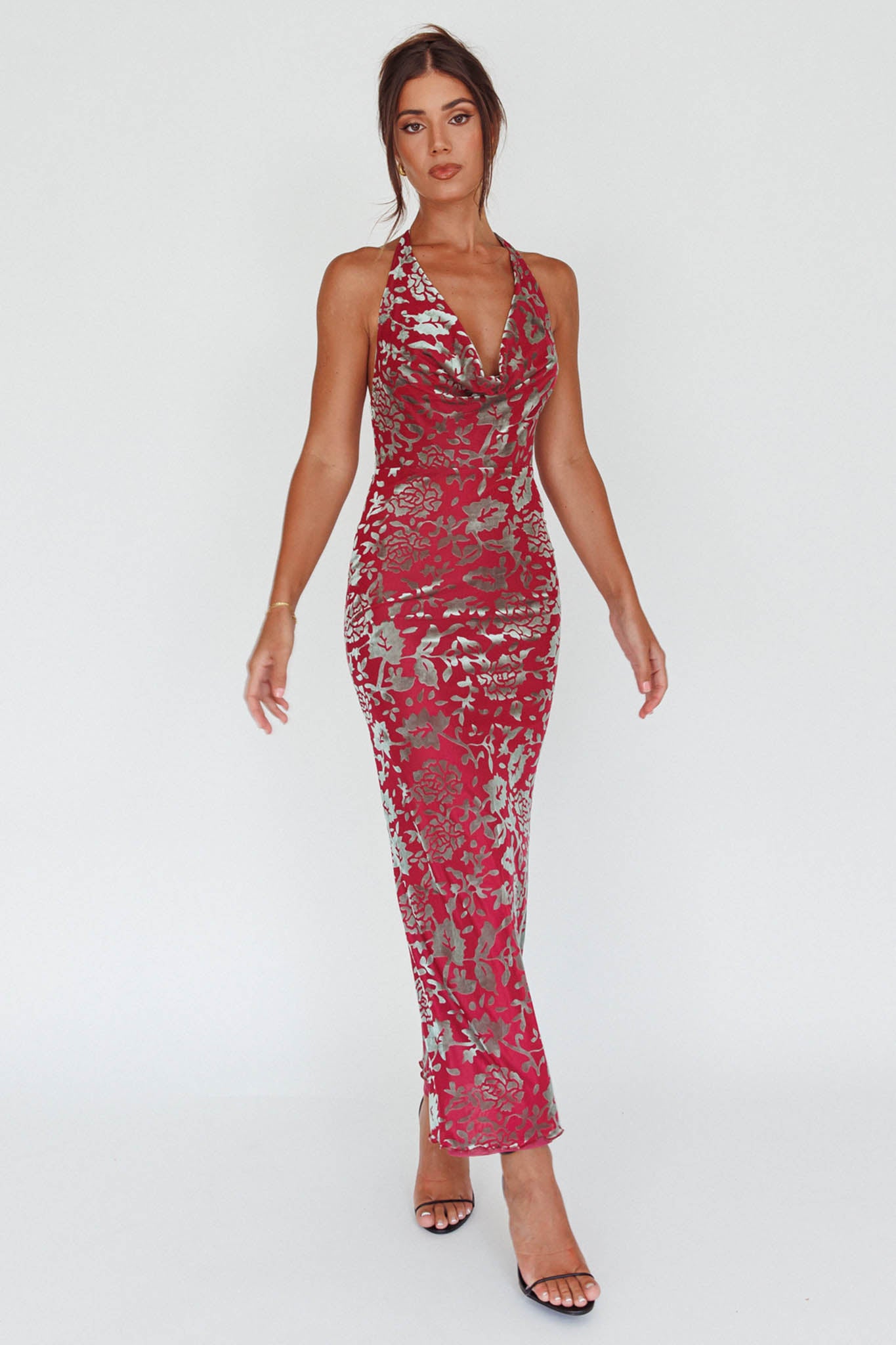 Byzantine Cowl Halterneck Midi Dress Floral Wine by Selfie Leslie