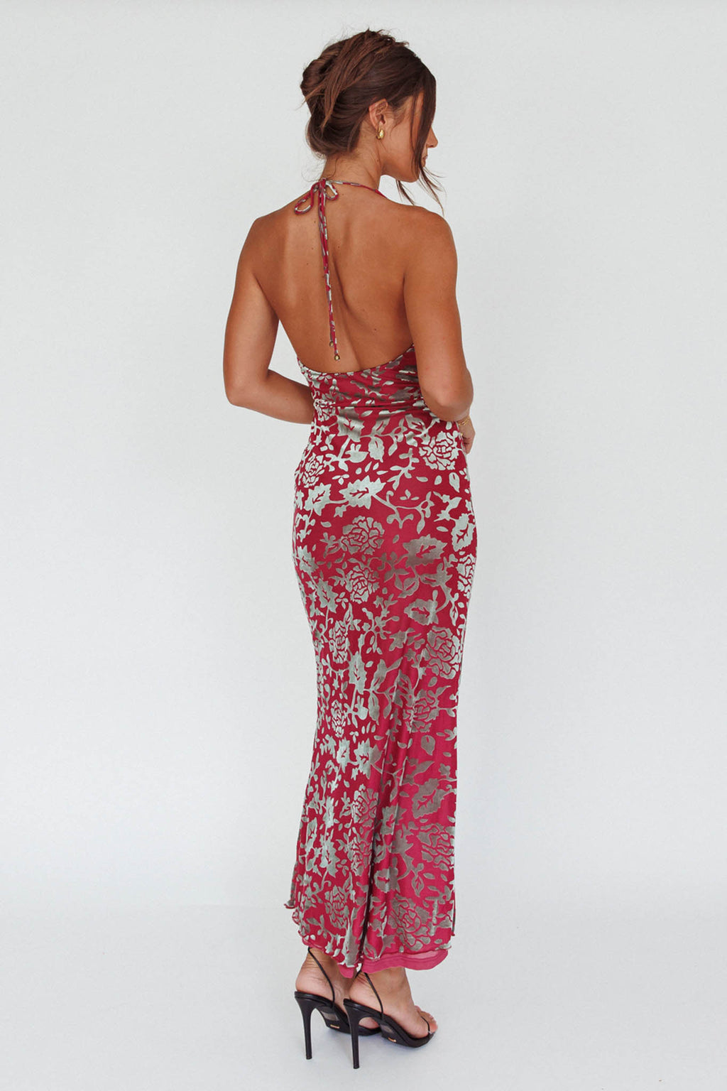 Byzantine Cowl Halterneck Midi Dress Floral Wine by Selfie Leslie