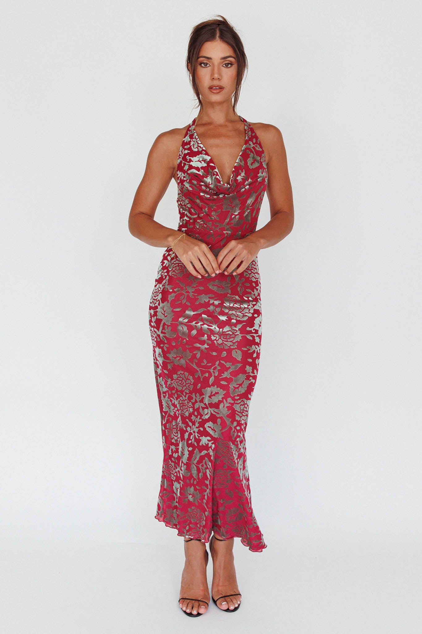 Byzantine Cowl Halterneck Midi Dress Floral Wine by Selfie Leslie