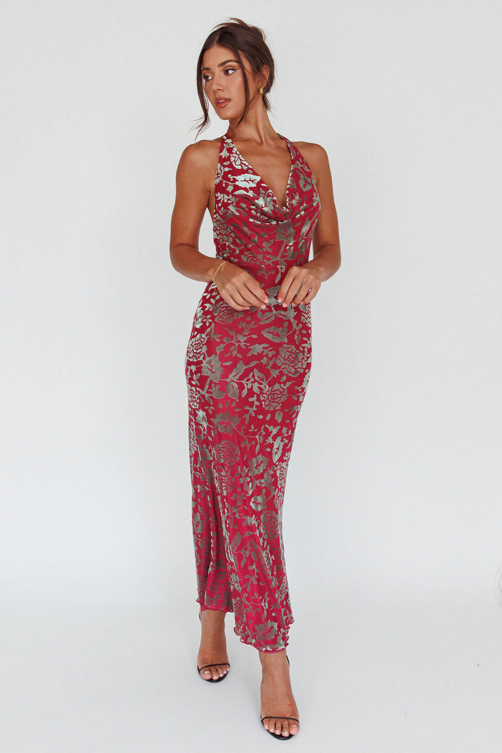 Byzantine Cowl Halterneck Midi Dress Floral Wine by Selfie Leslie