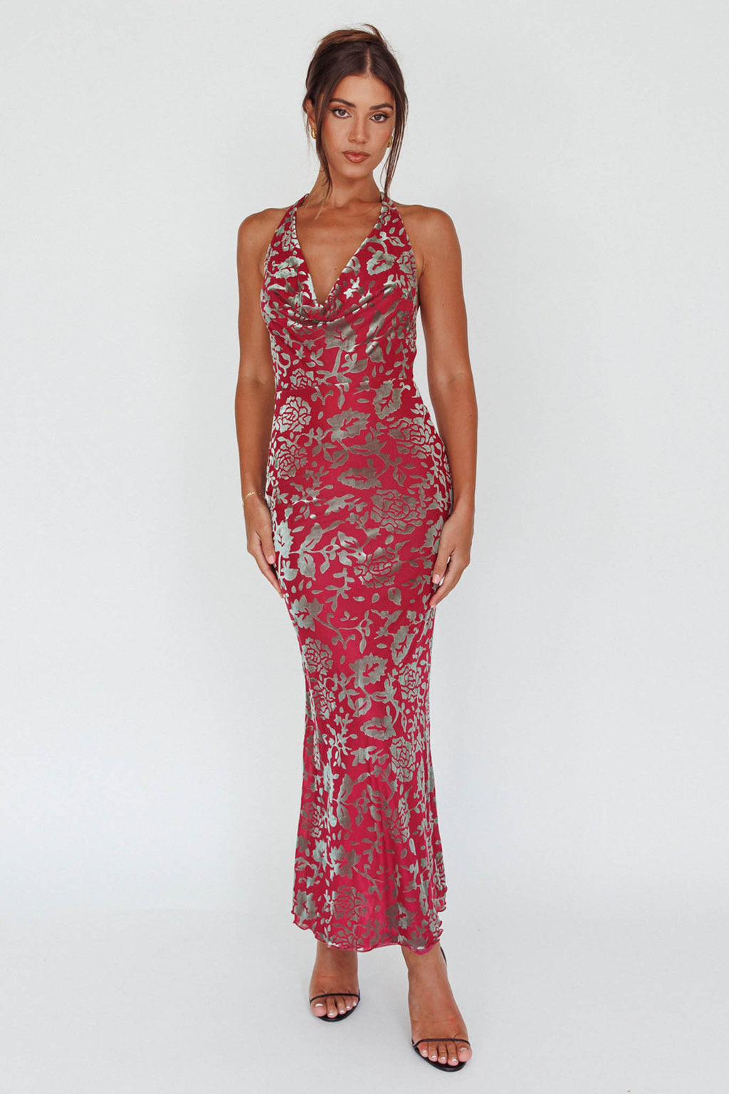 Byzantine Cowl Halterneck Midi Dress Floral Wine by Selfie Leslie