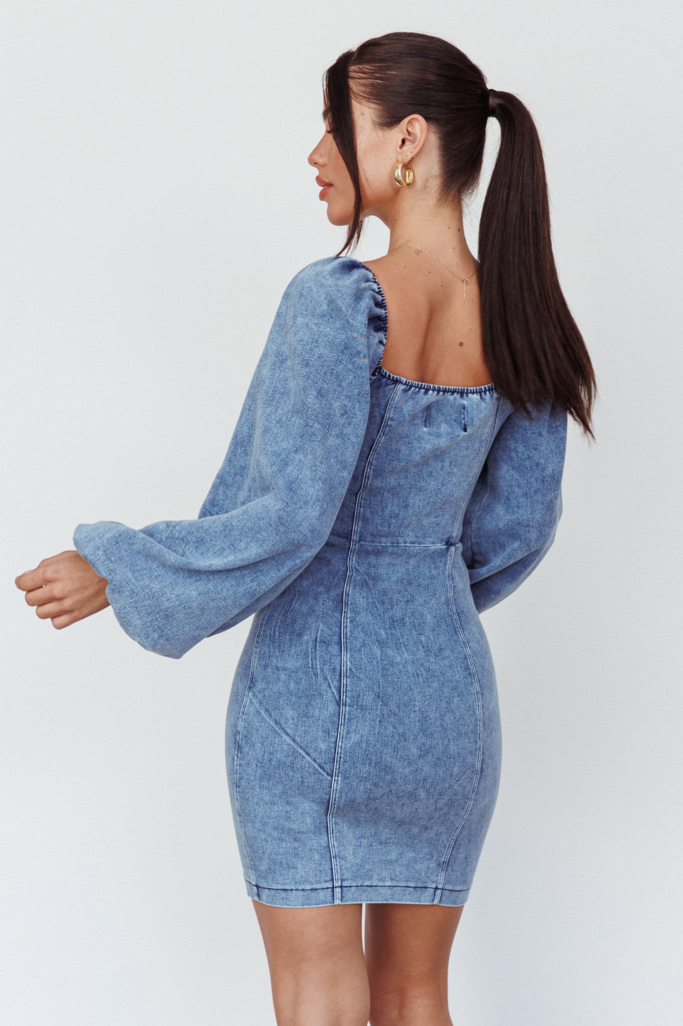 denim dress balloon sleeve Blue Denim Balloon Sleeve Gemini Shift Mini Dress