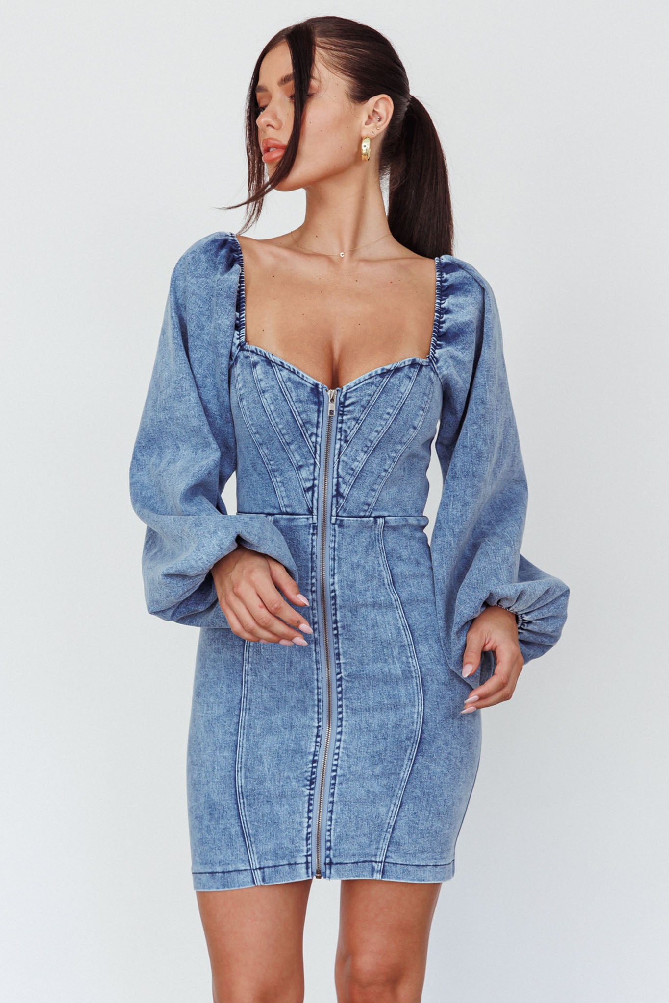 Tasmyn Balloon Sleeve Zipper Mini Dress Denim by Selfie Leslie