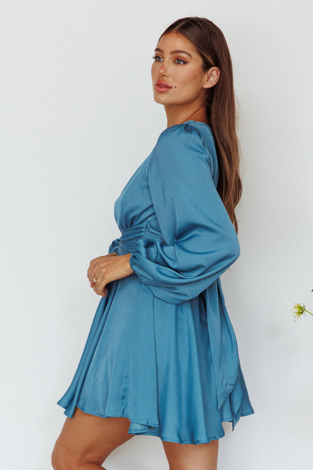 Leia Long Sleeve Waist Tie Mini Dress Teal by Selfie Leslie