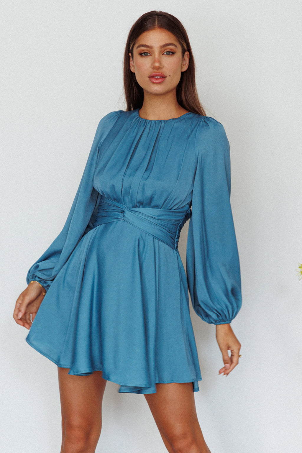 Leia Long Sleeve Waist Tie Mini Dress Teal by Selfie Leslie