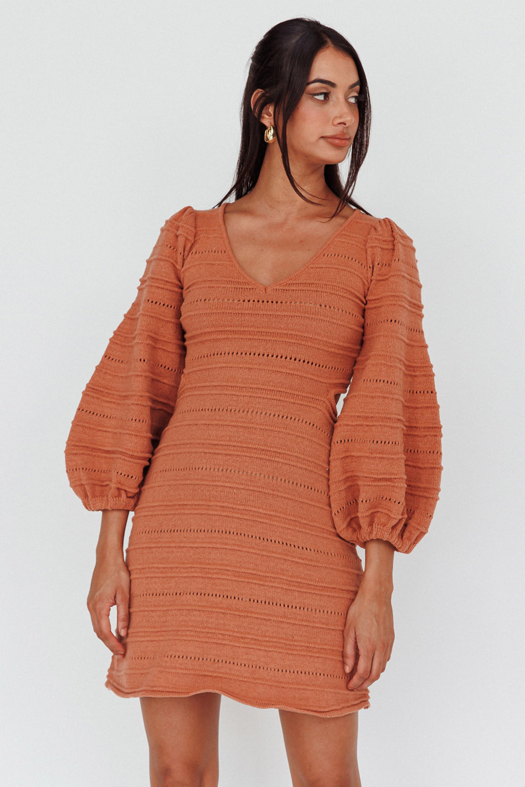 Meredith Long Sleeve Cut-Out Mini Dress Cinnamon by Selfie Leslie