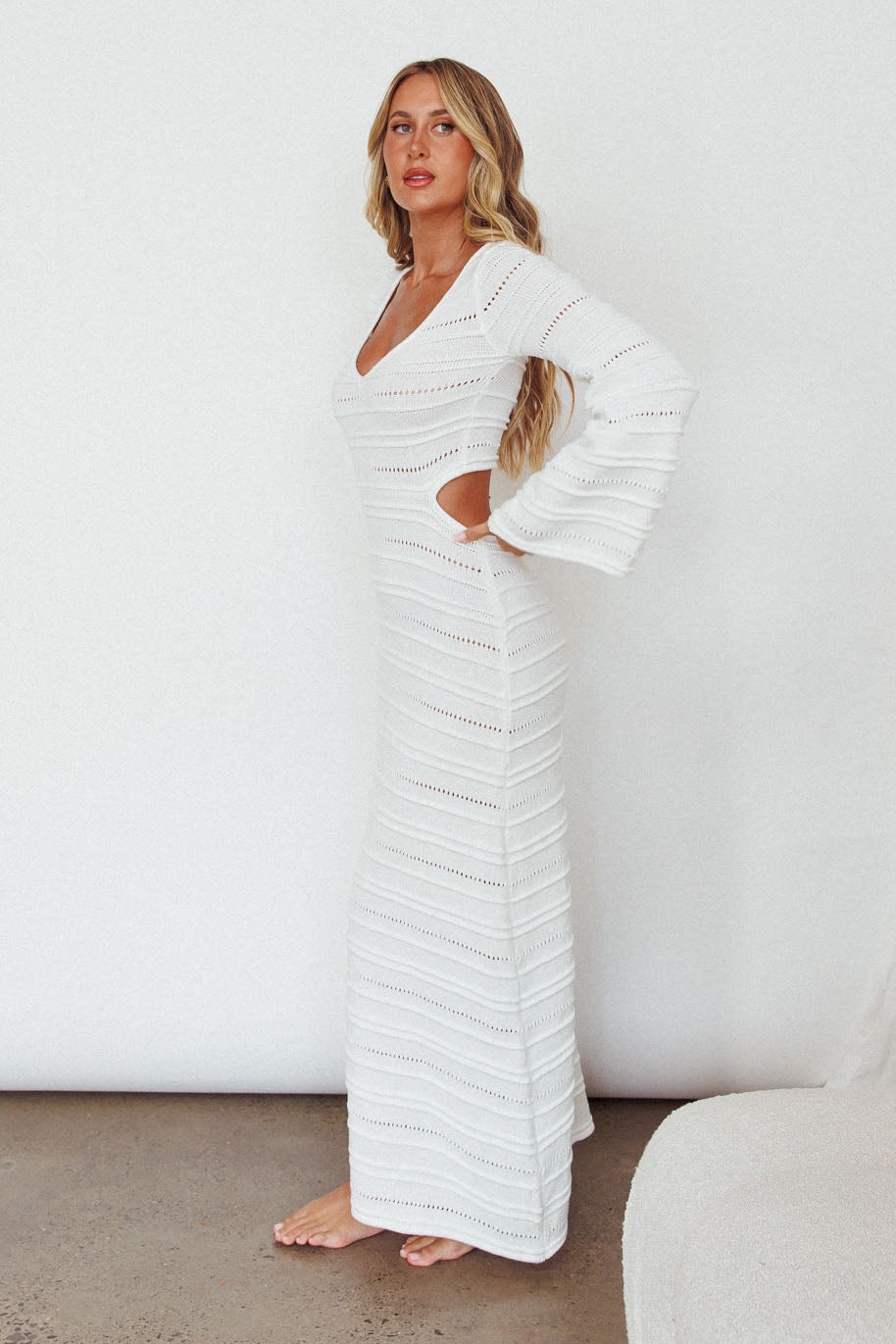 Meredith Long Sleeve Cut-Out Maxi Dress White by Selfie Leslie