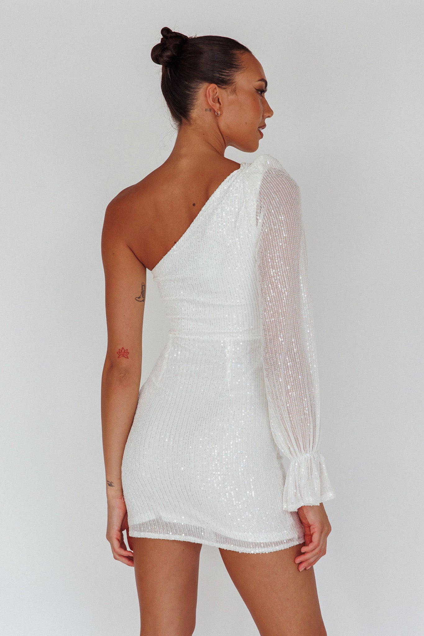 Dalia One Shoulder Sequin Mini Dress White by Selfie Leslie