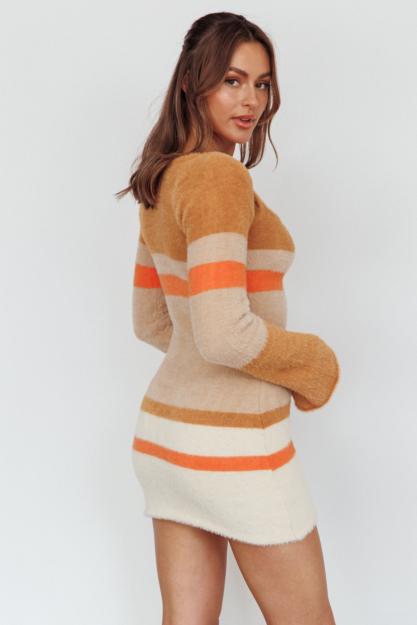 Count On It Fuzzy Knit Mini Dress Brown Multi by Selfie Leslie