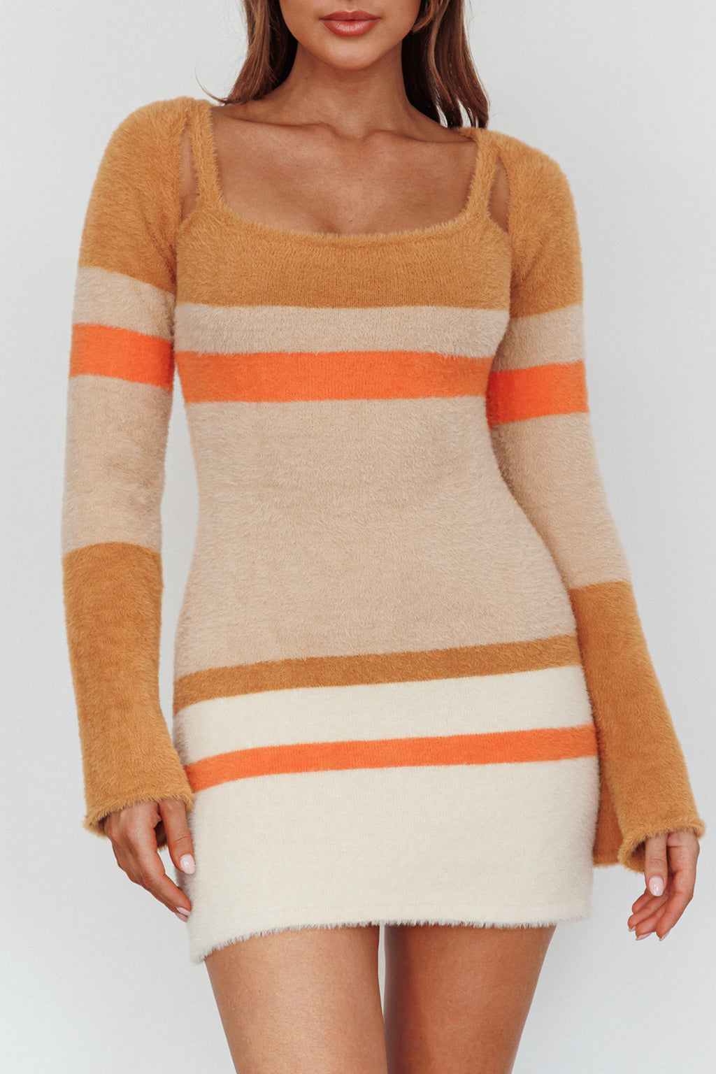 Count On It Fuzzy Knit Mini Dress Brown Multi by Selfie Leslie