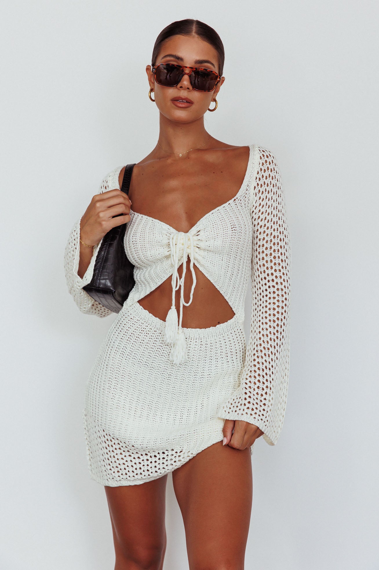 Jamaica Bell Sleeve Crochet Mini Dress White by Selfie Leslie