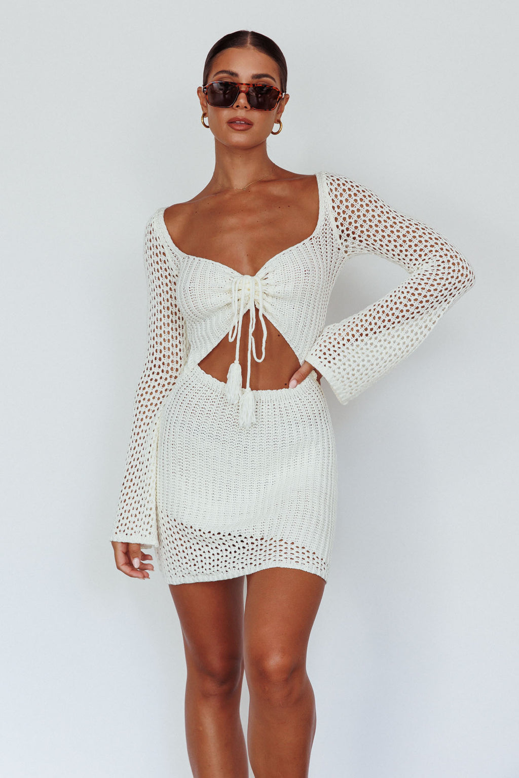 Jamaica Bell Sleeve Crochet Mini Dress White Jamaica Bell Sleeve Crochet Mini Dress White