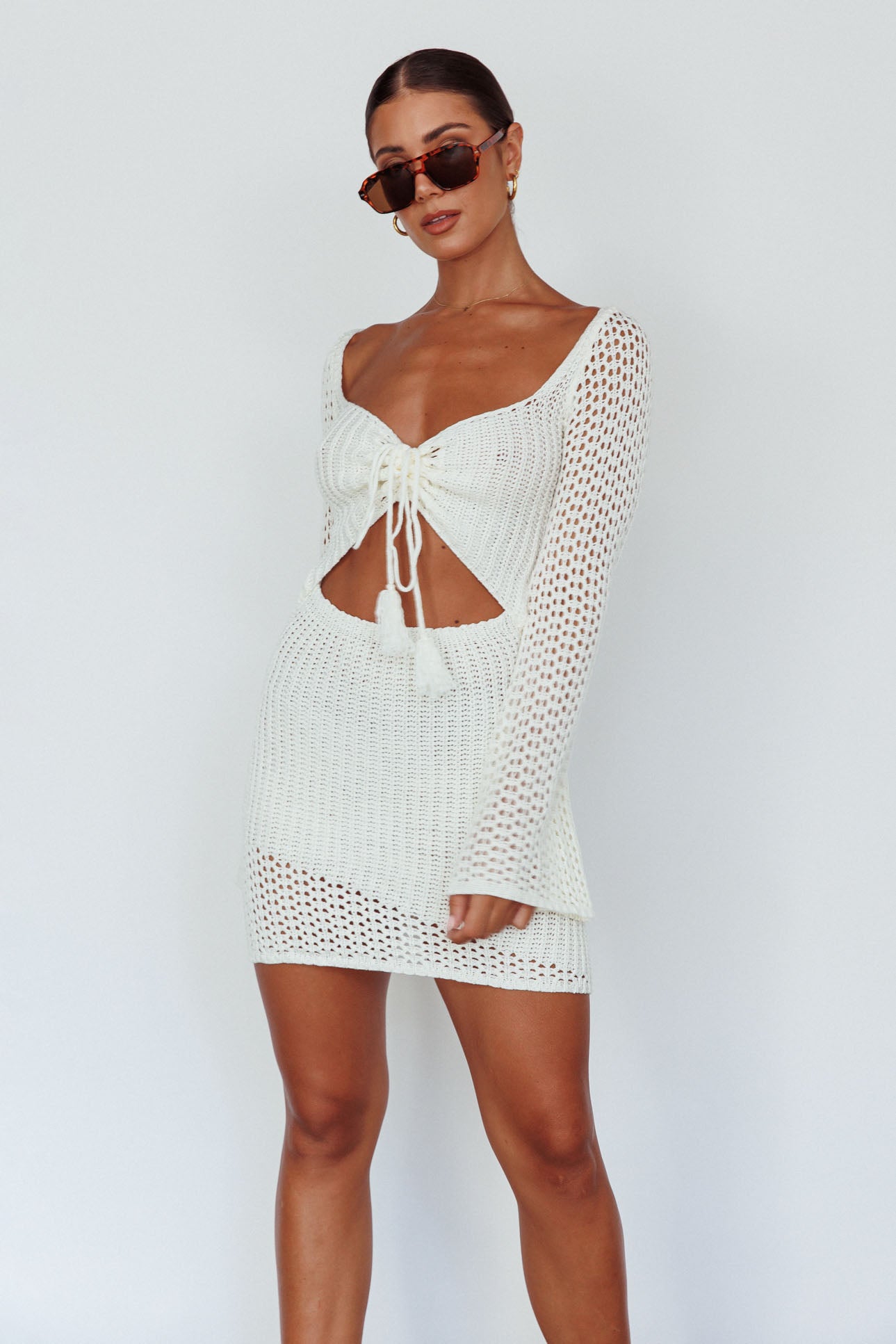 Jamaica Bell Sleeve Crochet Mini Dress White by Selfie Leslie