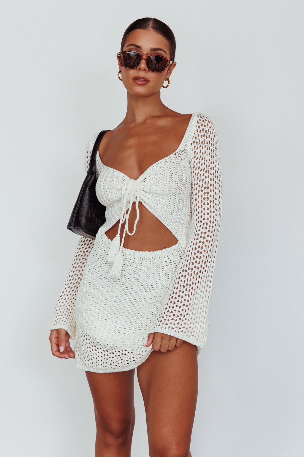 Jamaica Bell Sleeve Crochet Mini Dress White by Selfie Leslie