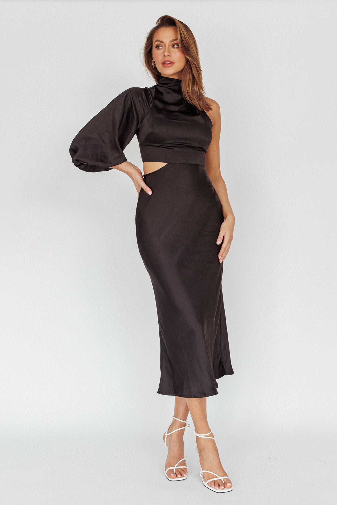 Thessaly One Sleeve Midi Dress Black by Selfie Leslie