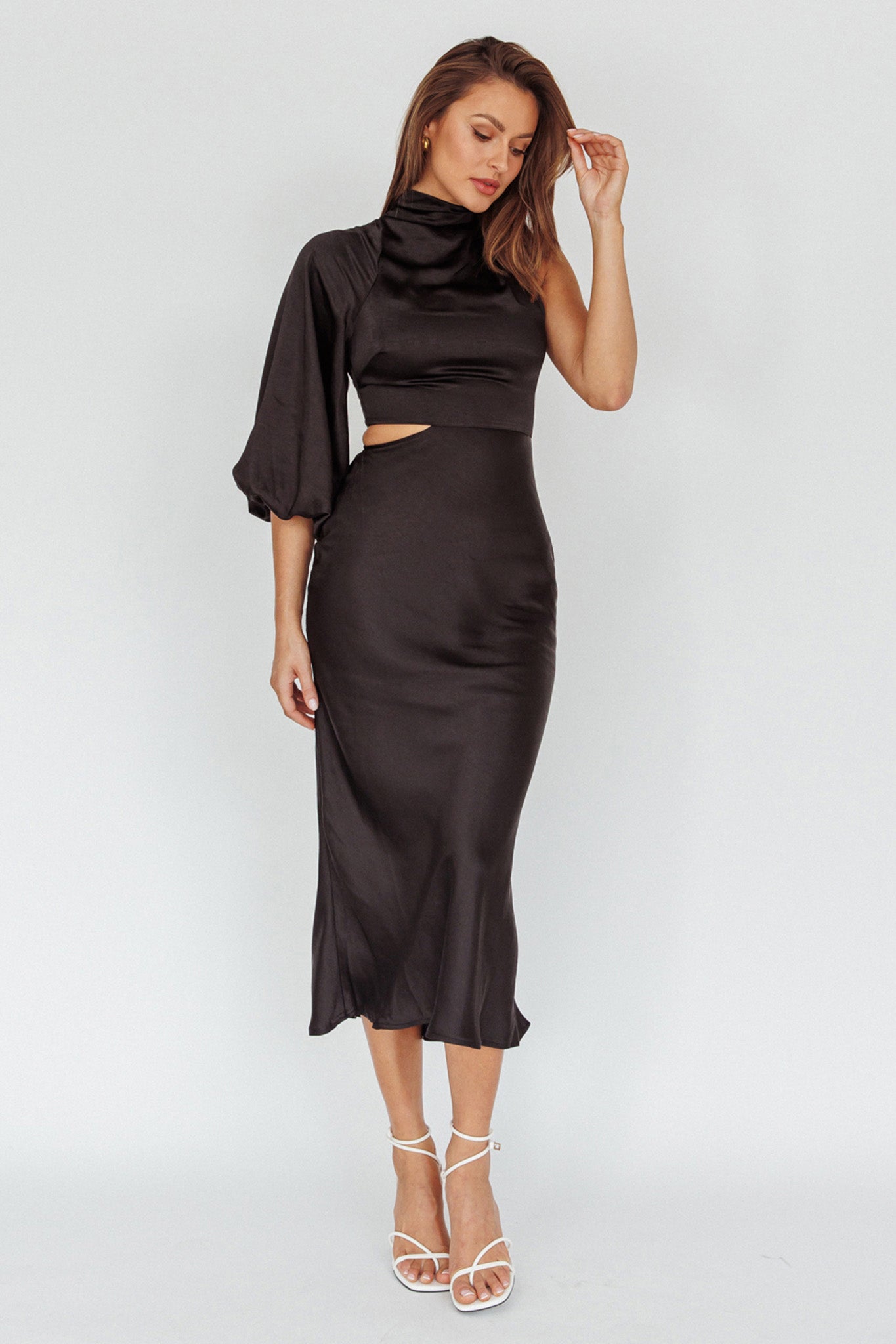 Thessaly One Sleeve Midi Dress Black by Selfie Leslie