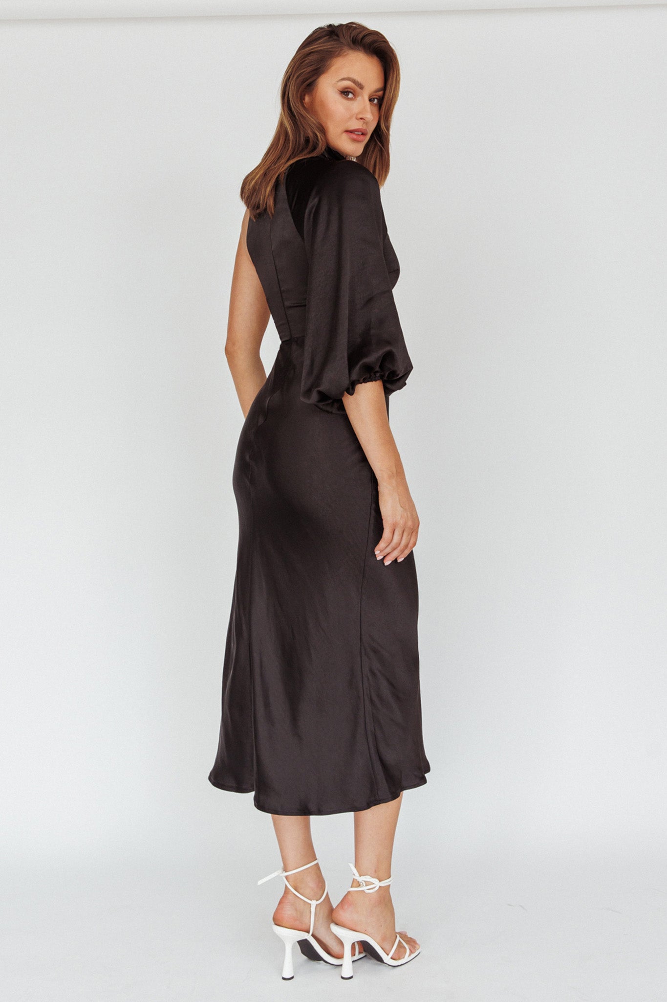 Thessaly One Sleeve Midi Dress Black by Selfie Leslie
