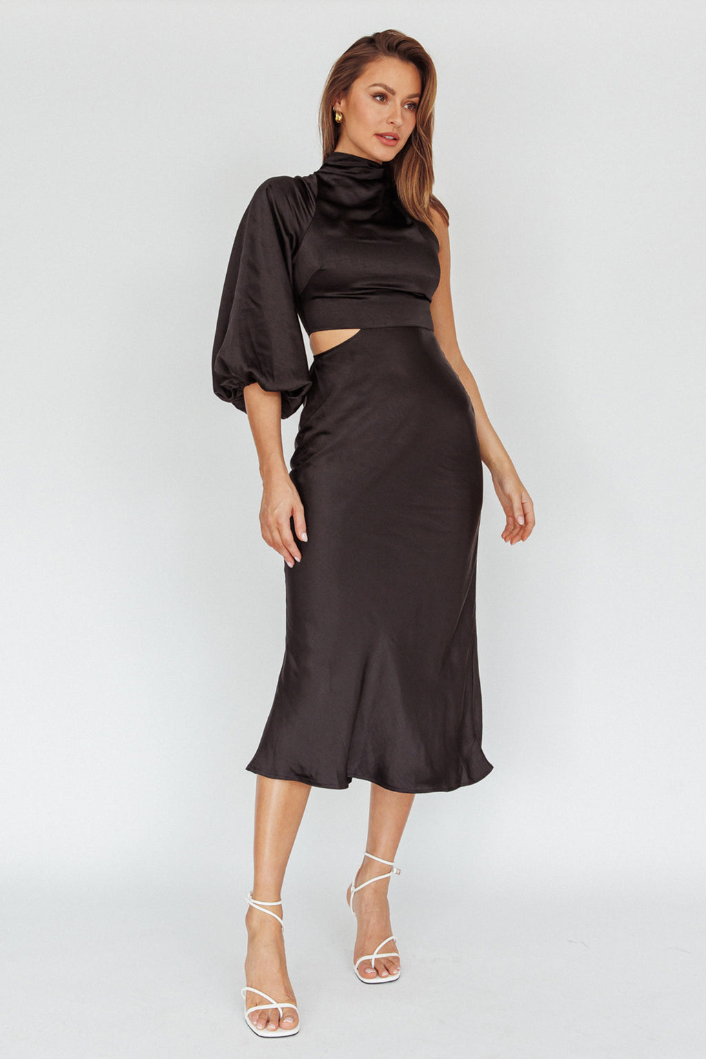 Thessaly One Sleeve Midi Dress Black by Selfie Leslie