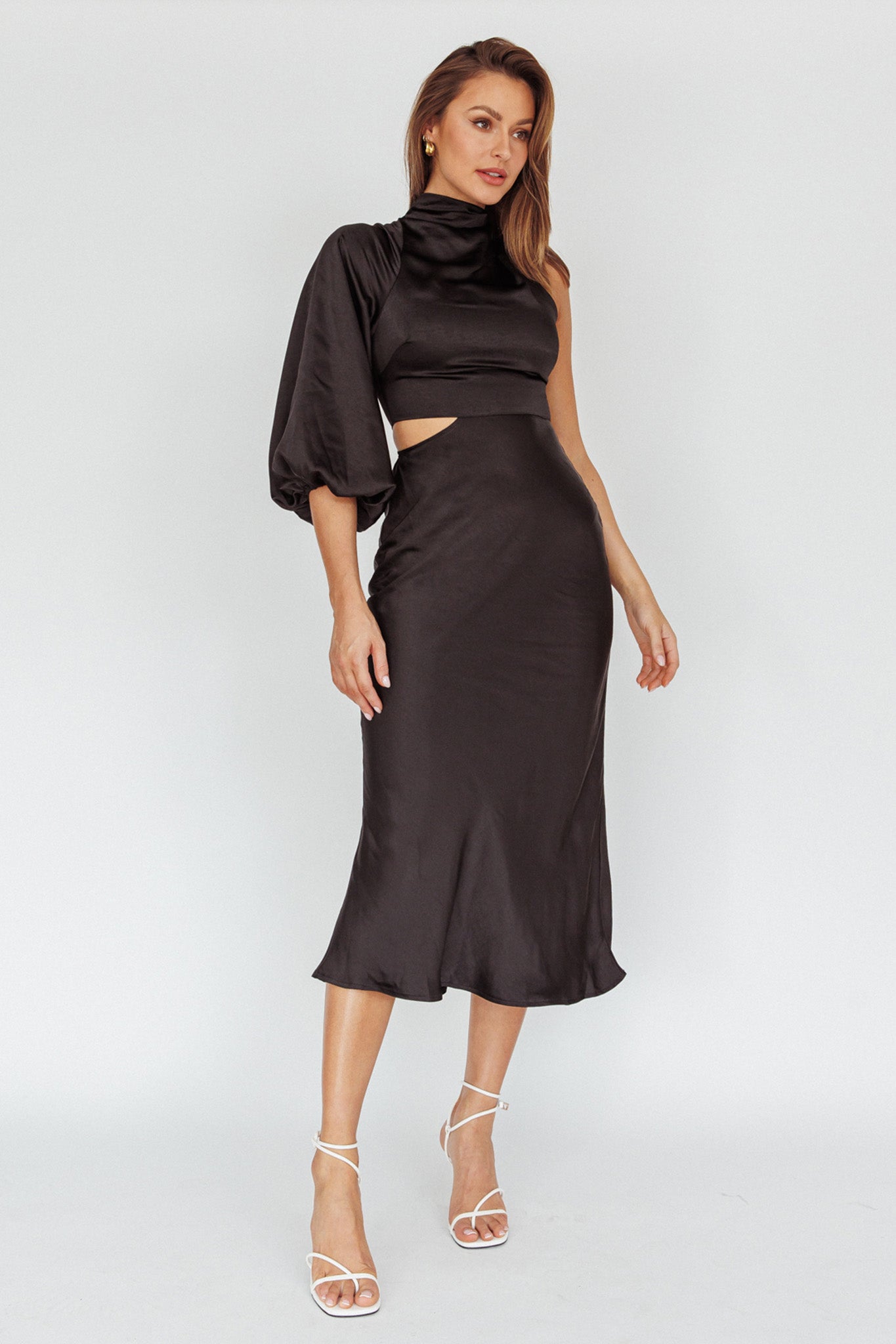 Thessaly One Sleeve Midi Dress Black by Selfie Leslie