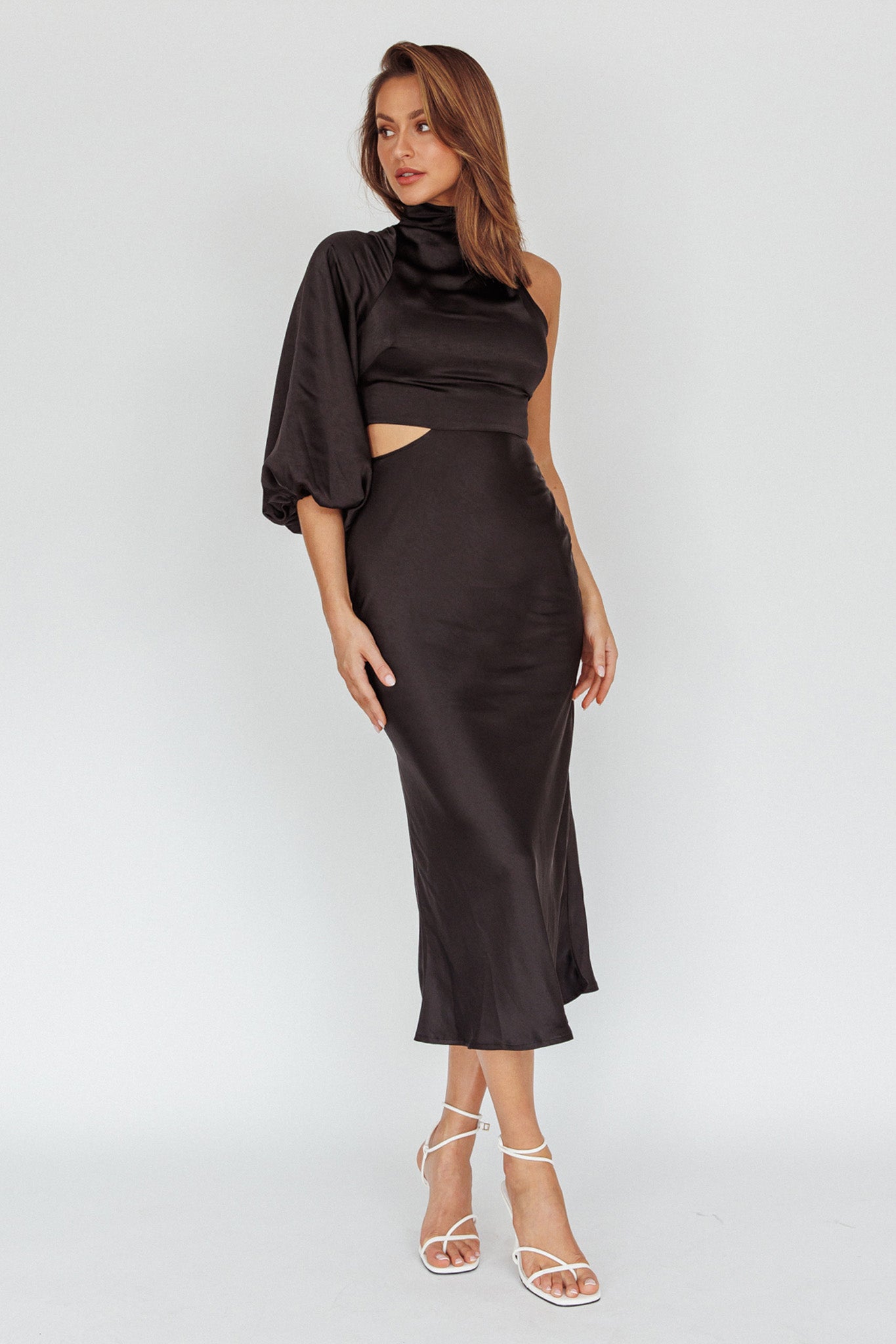 Thessaly One Sleeve Midi Dress Black by Selfie Leslie