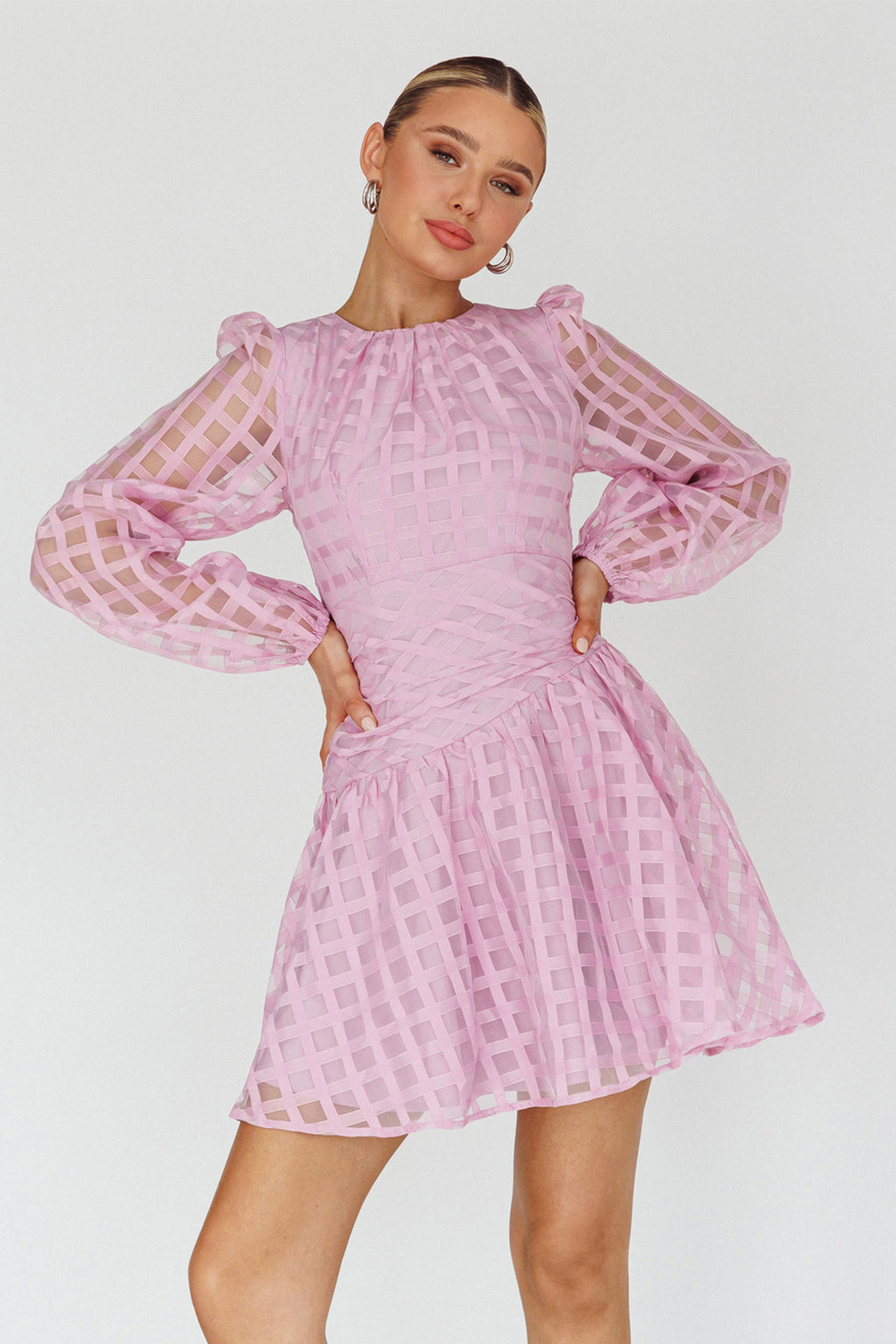 Tatiana Long Sleeve Plaid Mini Dress Lilac by Selfie Leslie