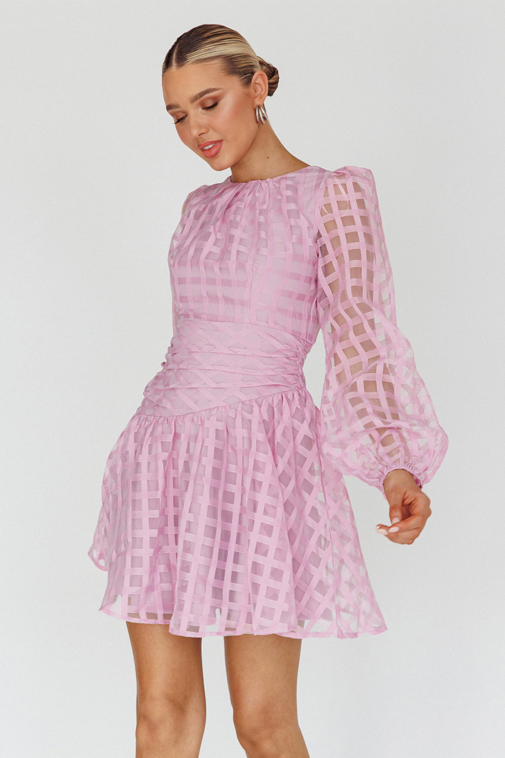 Tatiana Long Sleeve Plaid Mini Dress Lilac by Selfie Leslie