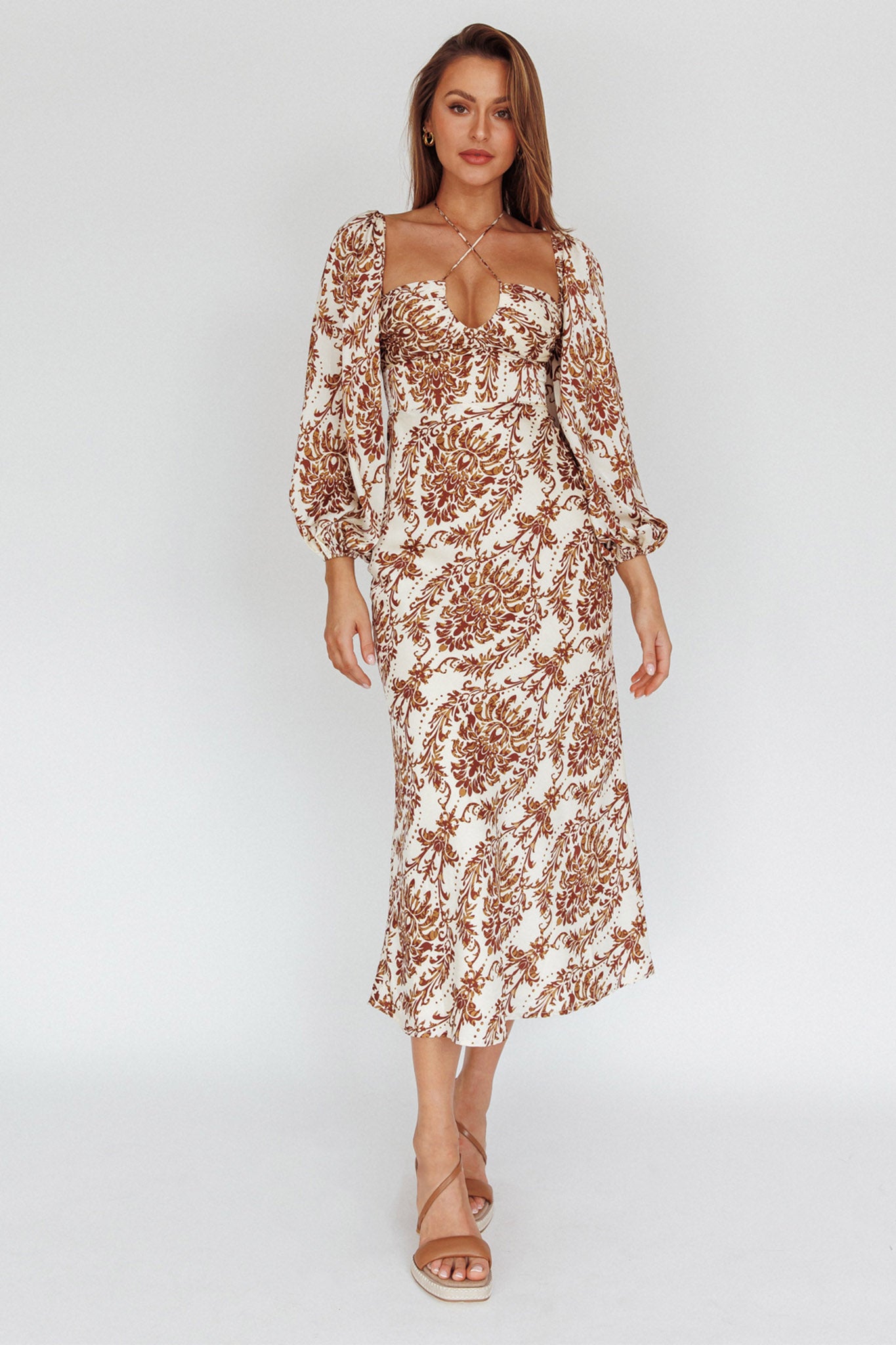 Nyree Long Sleeve Maxi Dress Floral Brown by Selfie Leslie