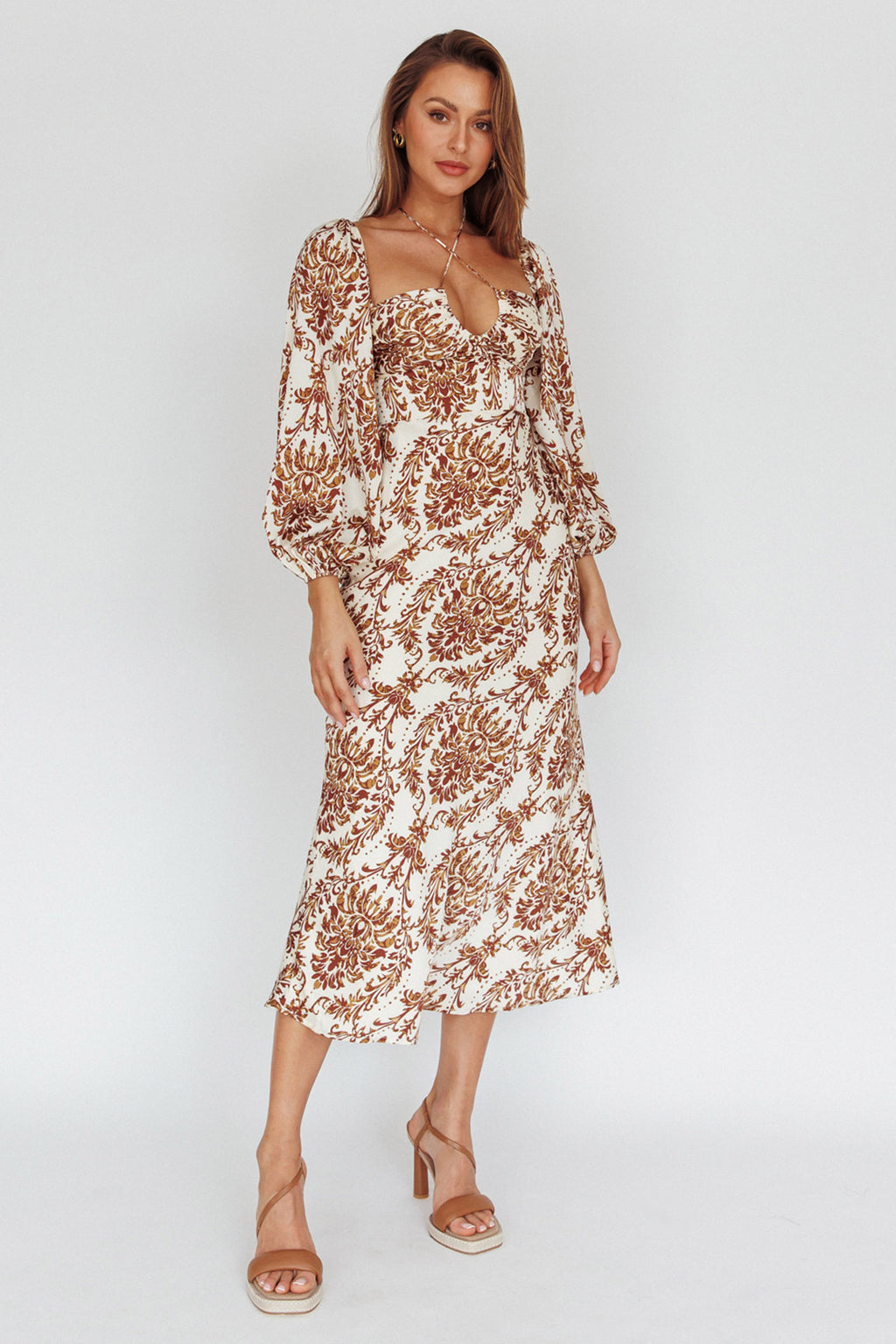 Nyree Long Sleeve Maxi Dress Floral Brown by Selfie Leslie